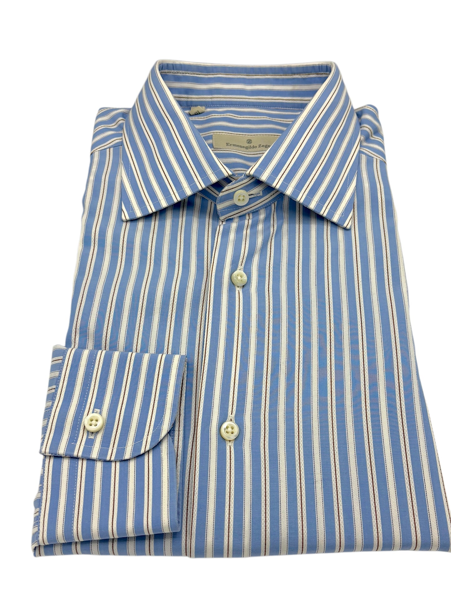 Ermenegildo Zegna Light Blue & Brown Striped Cotton Dress Shirt 16