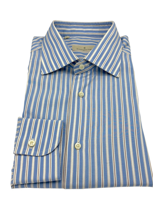 Ermenegildo Zegna Light Blue & Brown Striped Cotton Dress Shirt 16