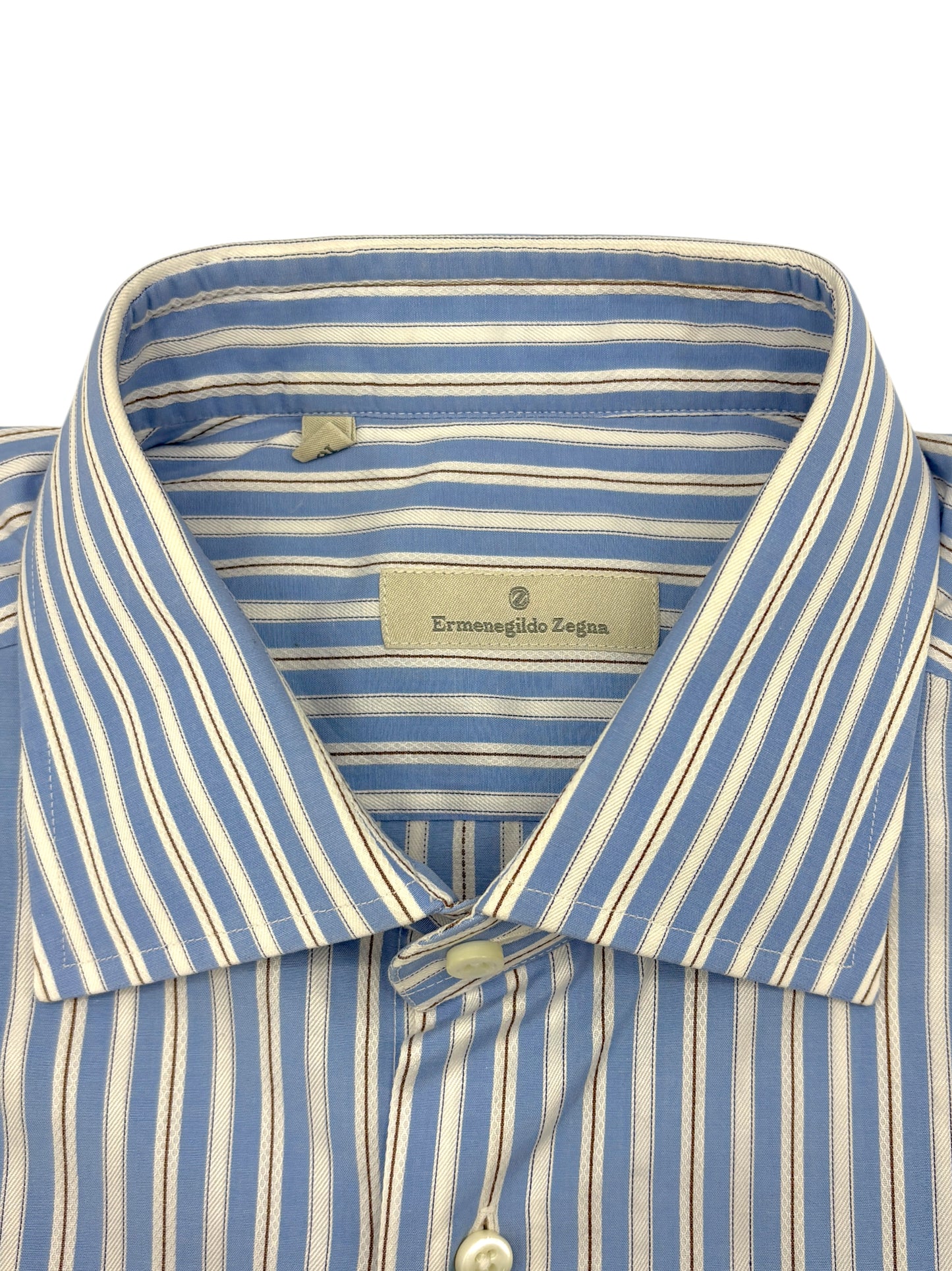 Ermenegildo Zegna Light Blue & Brown Striped Cotton Dress Shirt 16