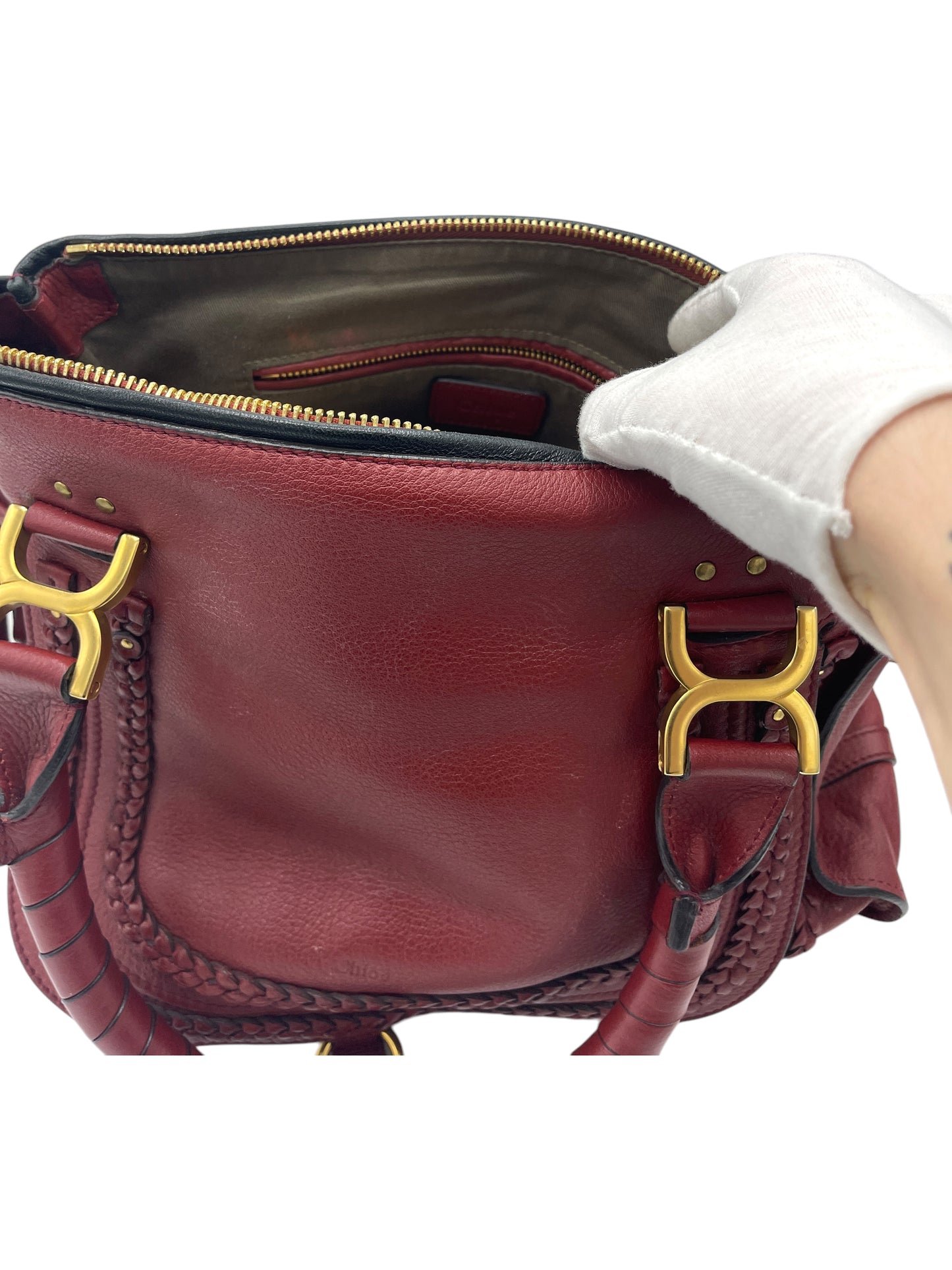 Chloé Red Leather Marcie Braided Satchel Bag