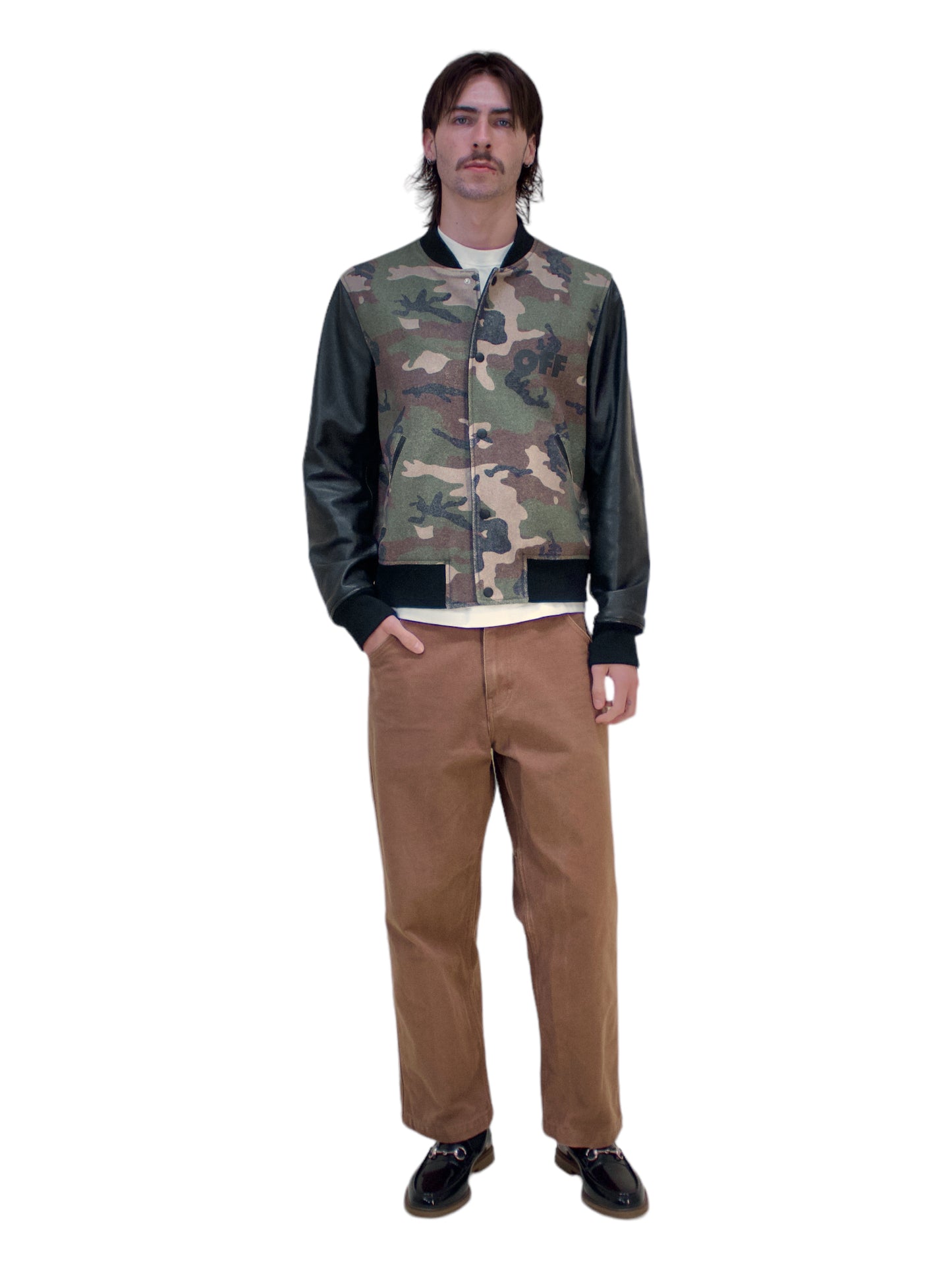 Off-White Green Camo & Black Leather Varsity Jacket - Genuine Design Luxury Consignment for Men. New & Pre-Owned Clothing, Shoes, & Accessories. Calgary, Canada