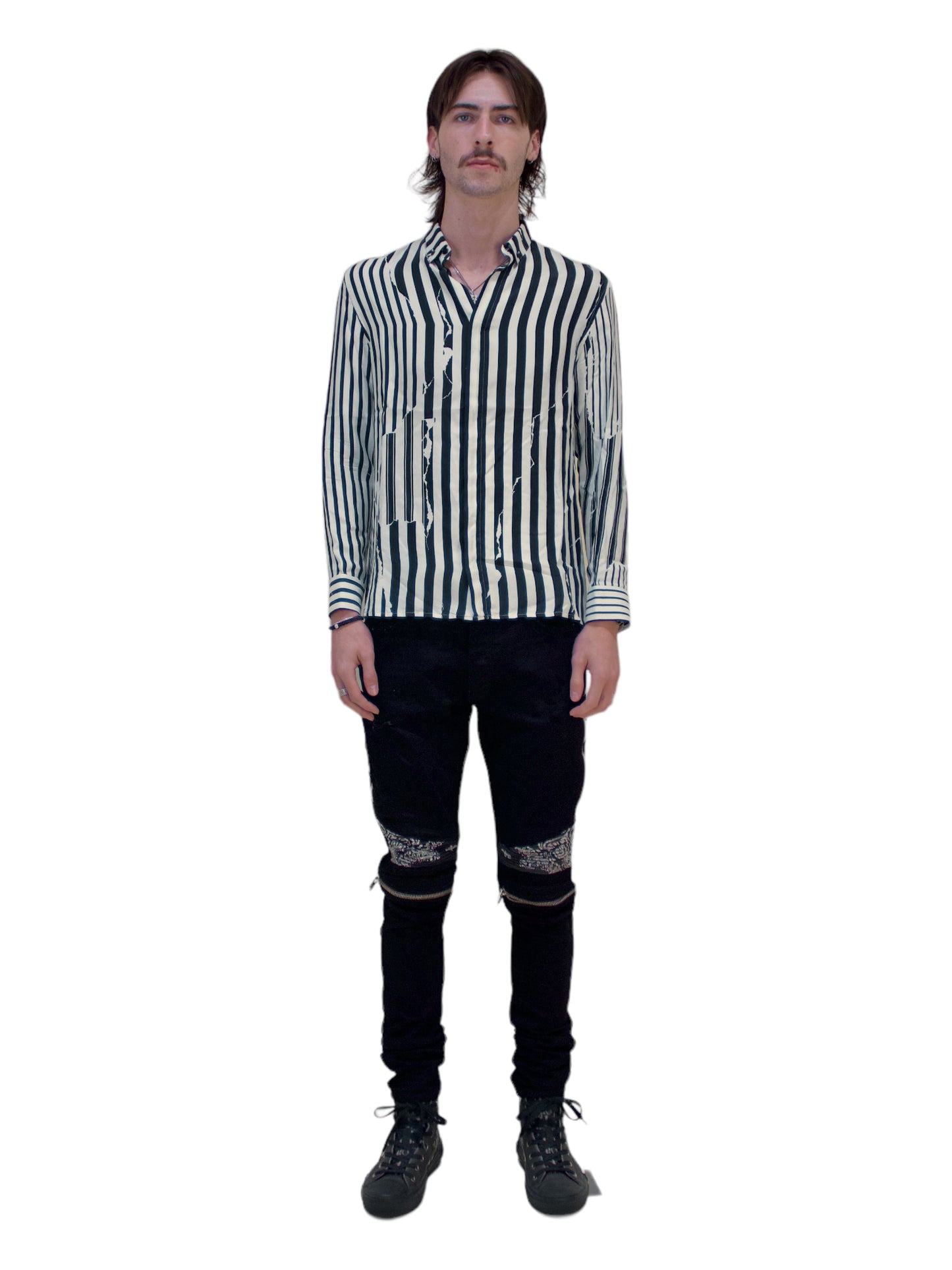 Haider Ackermann Black and White Stripped Silk Button Up Shirt - Genuine Design Luxury Consignment. New & Pre-Owned Clothing, Shoes, & Accessories. Calgary, Canada