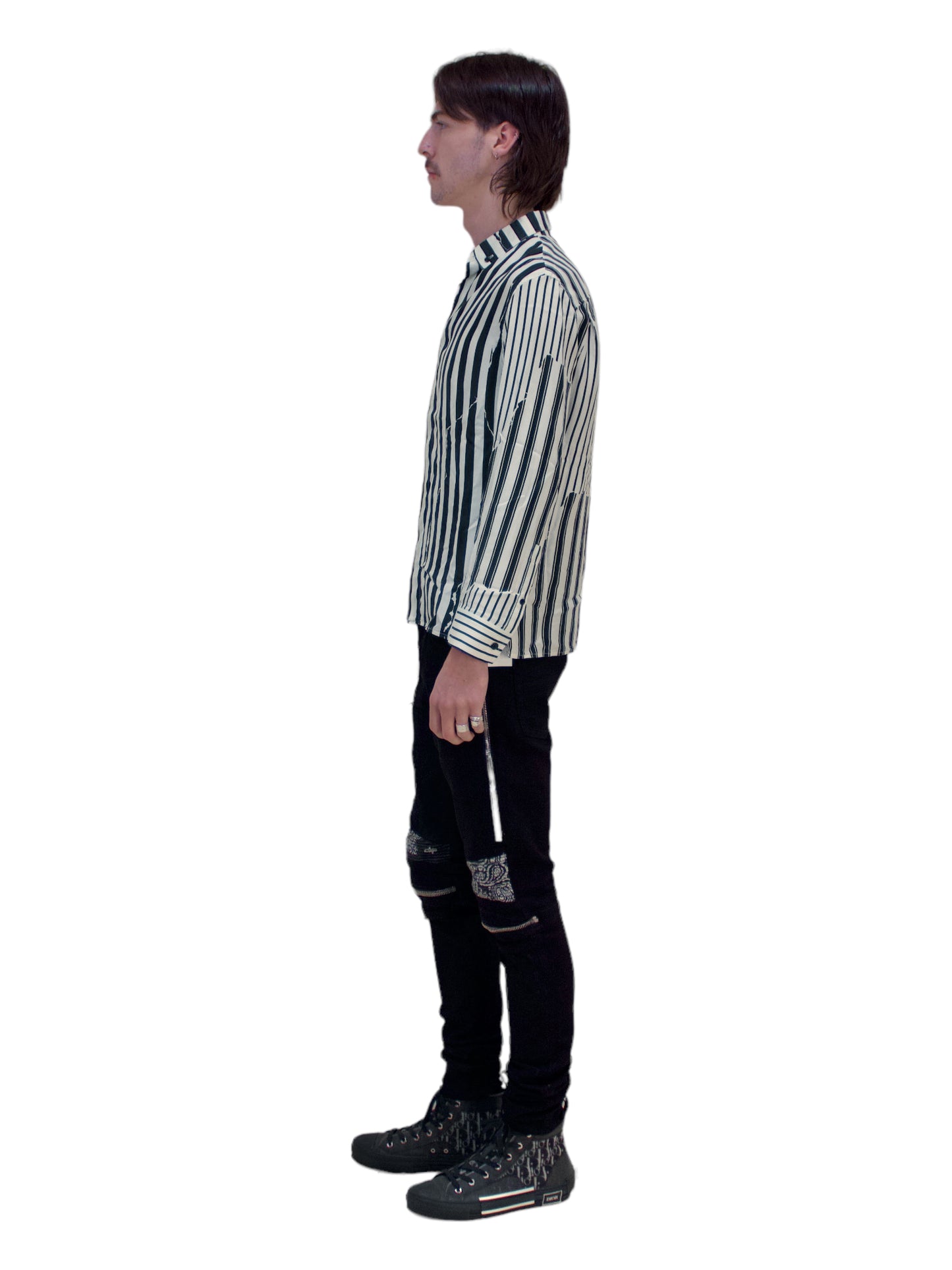 Haider Ackermann Black and White Stripped Silk Button Up Shirt - Genuine Design Luxury Consignment. New & Pre-Owned Clothing, Shoes, & Accessories. Calgary, Canada