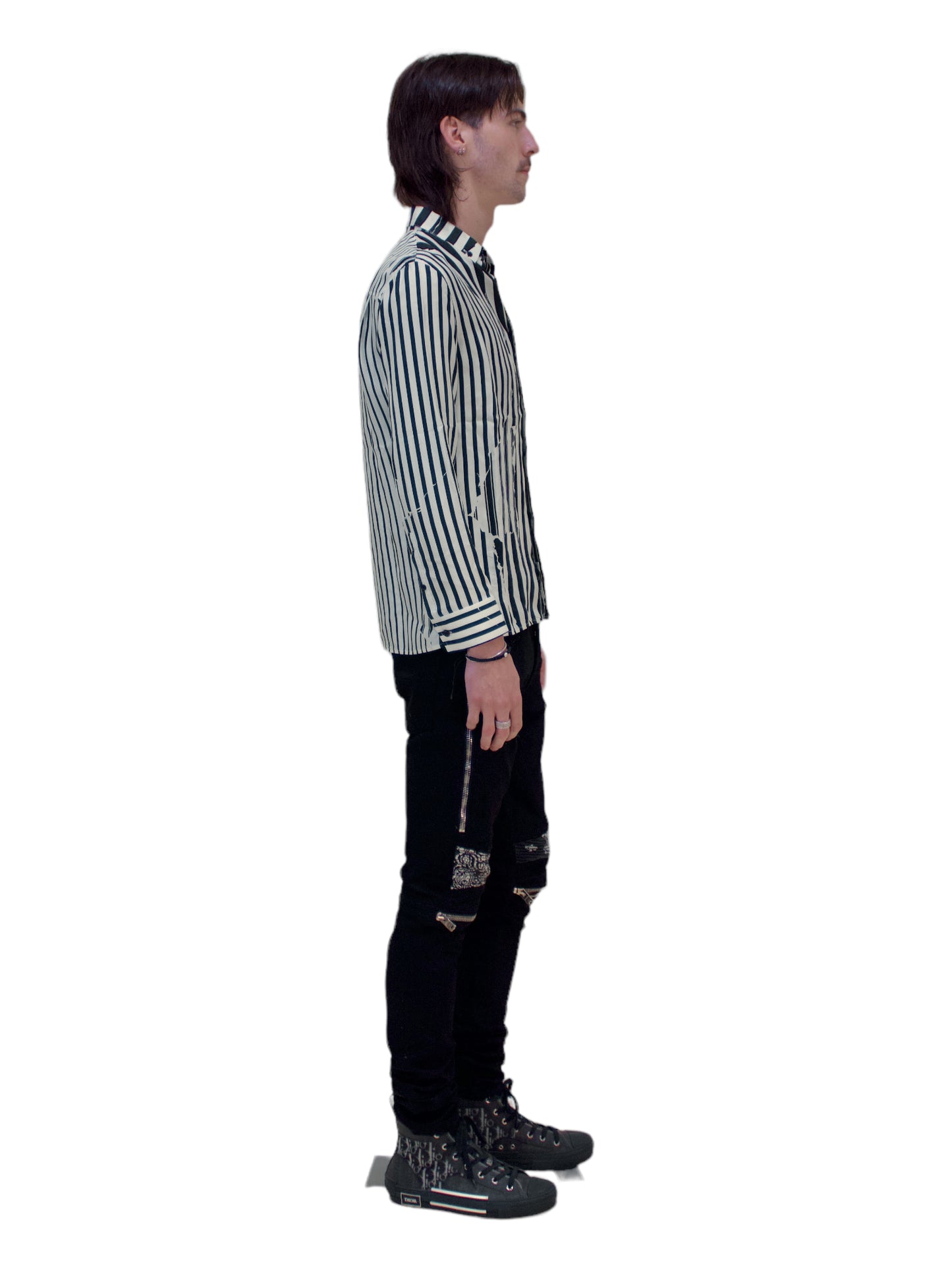 Haider Ackermann Black and White Stripped Silk Button Up Shirt - Genuine Design Luxury Consignment. New & Pre-Owned Clothing, Shoes, & Accessories. Calgary, Canada