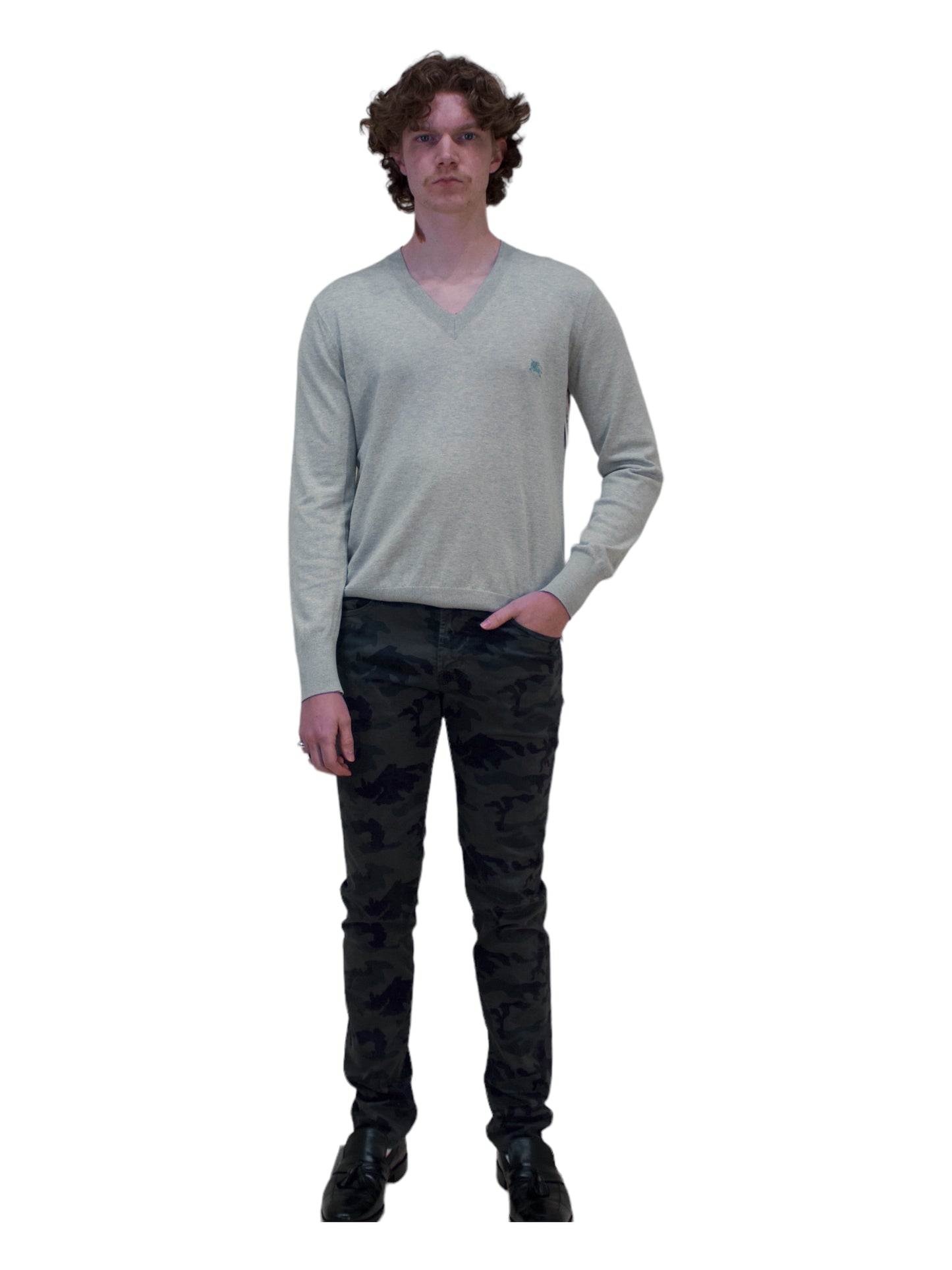 Burberry Light Grey Long Sleeve V-Neck Sweater - Genuine Design Luxury Consignment for Men. New & Pre-Owned Clothing, Shoes, & Accessories. Calgary, Canada