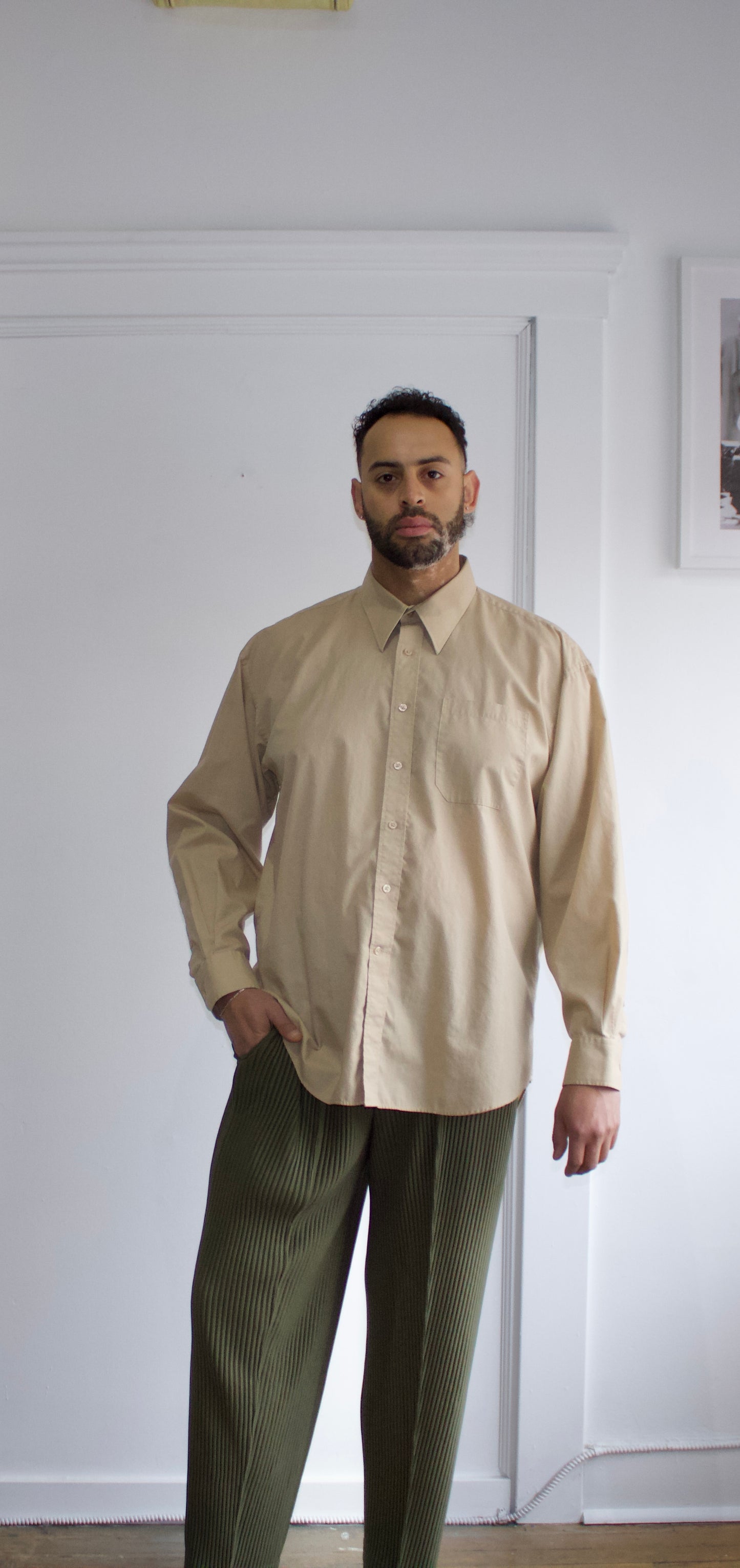 Balmain Tan Button Up Shirt - Genuine Design Luxury Consignment. New & Pre-Owned Clothing, Shoes, & Accessories. Calgary, Canada