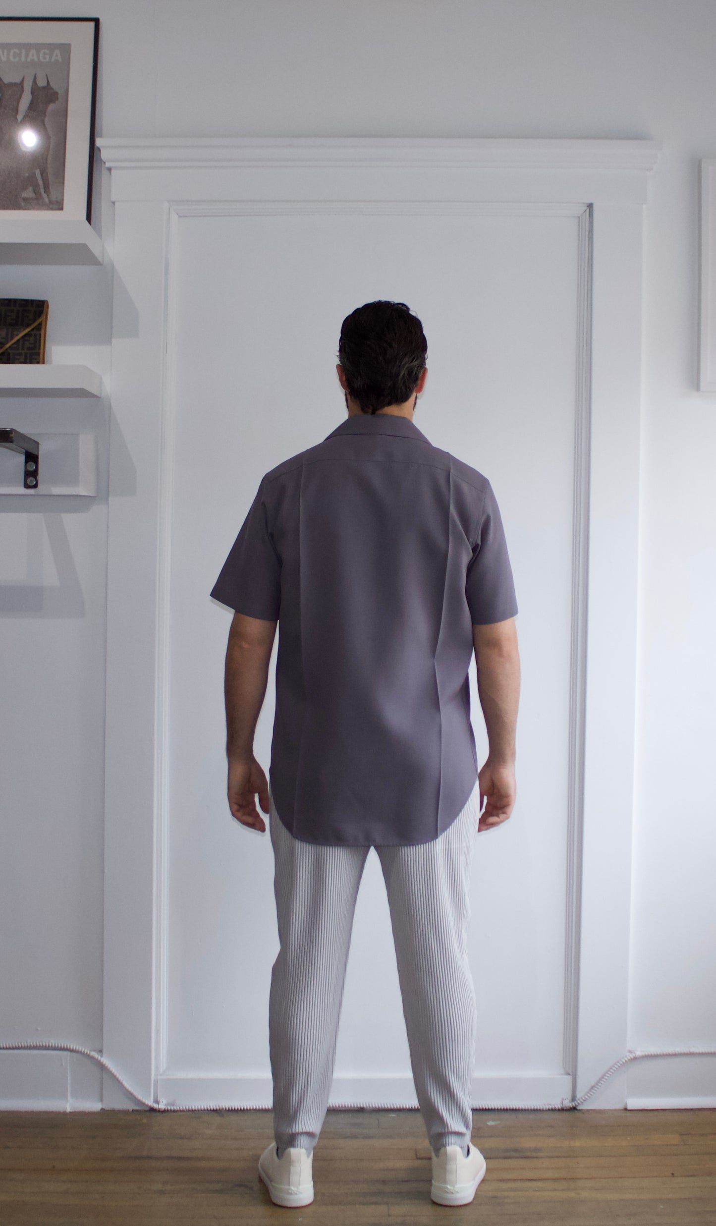 Jil Sander Lilac Grey Fine Wool Pleated Front SS Button Up T Shirt - Genuine Design Luxury Consignment. New & Pre-Owned Clothing, Shoes, & Accessories. Calgary, Canada