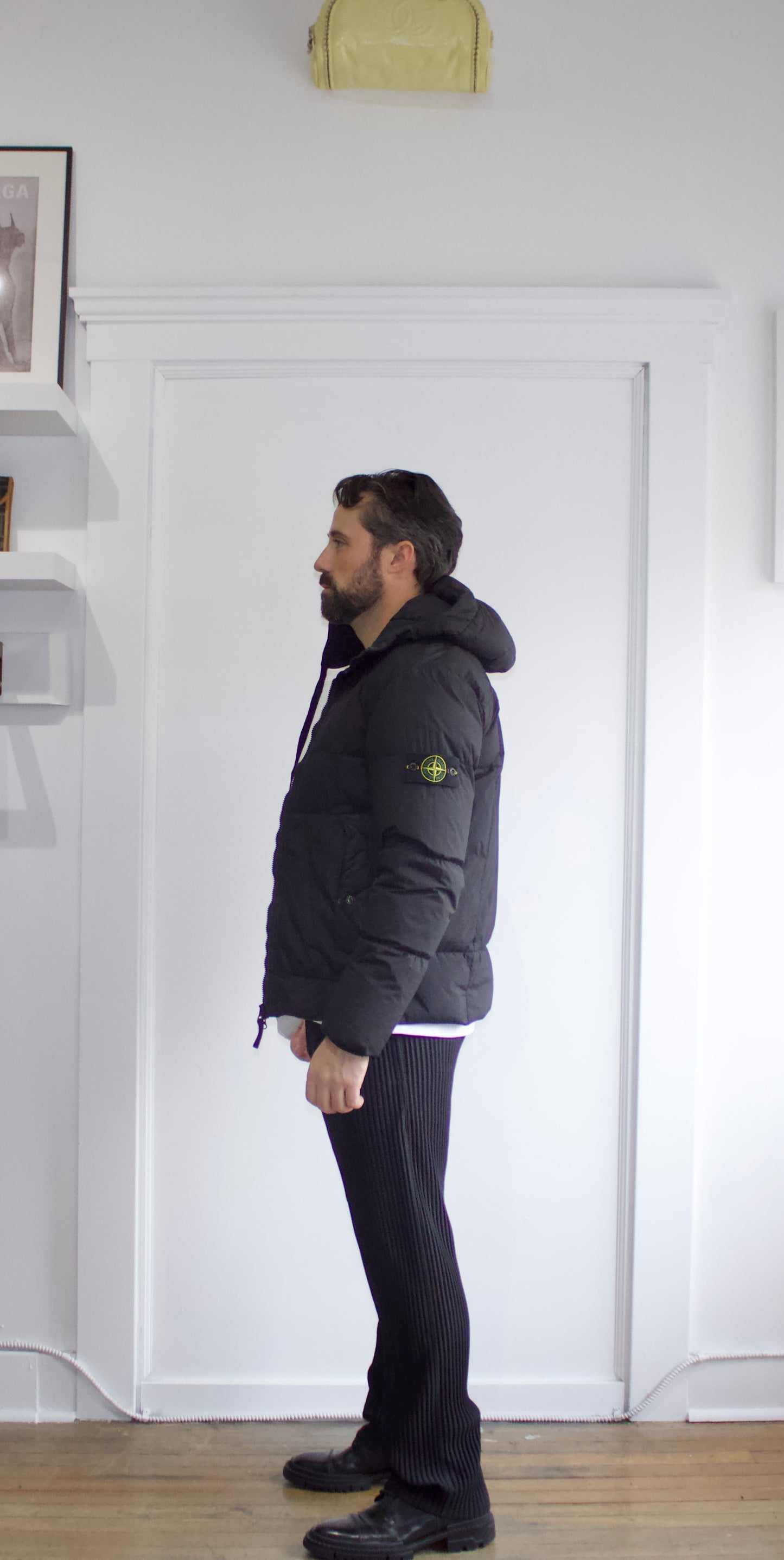 Stone Island Black Garment Dyed Crinkled Nylon Down Jacket - Genuine Design Luxury Consignment. New & Pre-Owned Clothing, Shoes, & Accessories. Calgary, Canada