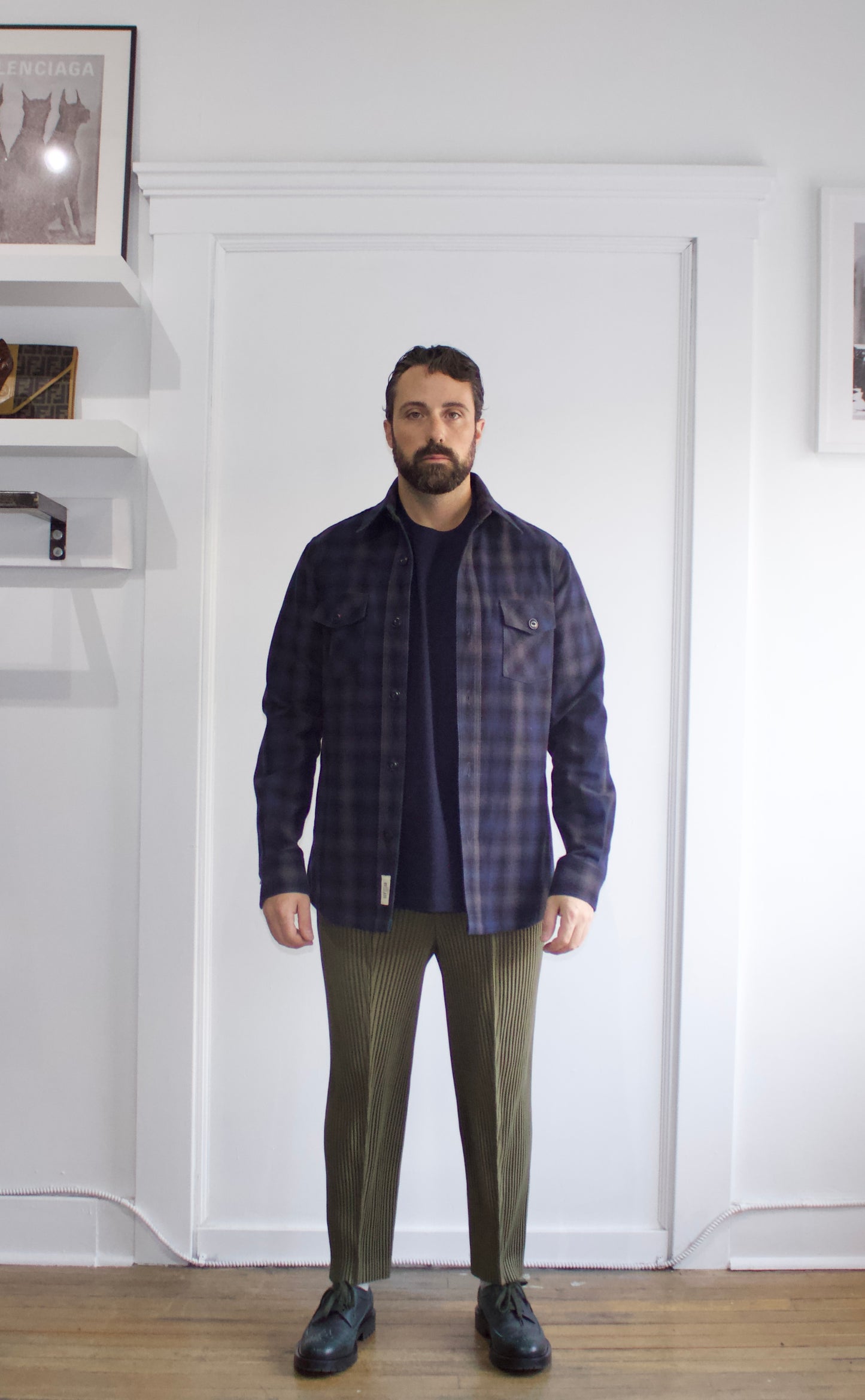 Outclass Navy, Black & Charcoal Glen Plaid Button Up Over Shirt Medium - Genuine Design Luxury Consignment. New & Pre-Owned Clothing, Shoes, & Accessories. Calgary, Canada