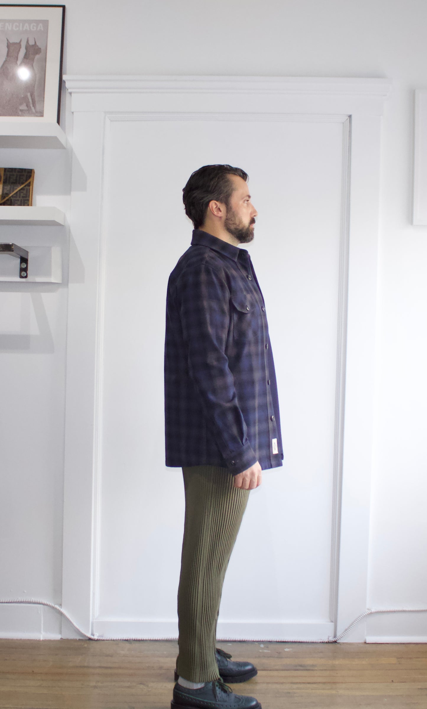 Outclass Navy, Black & Charcoal Glen Plaid Button Up Over Shirt Medium - Genuine Design Luxury Consignment. New & Pre-Owned Clothing, Shoes, & Accessories. Calgary, Canada