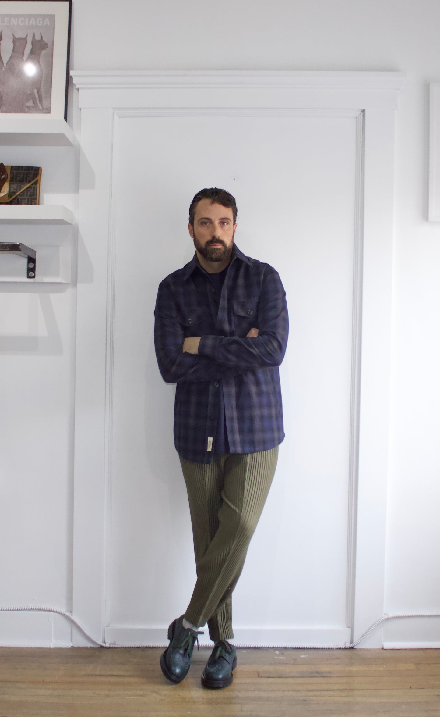 Outclass Navy, Black & Charcoal Glen Plaid Button Up Over Shirt Medium - Genuine Design Luxury Consignment. New & Pre-Owned Clothing, Shoes, & Accessories. Calgary, Canada