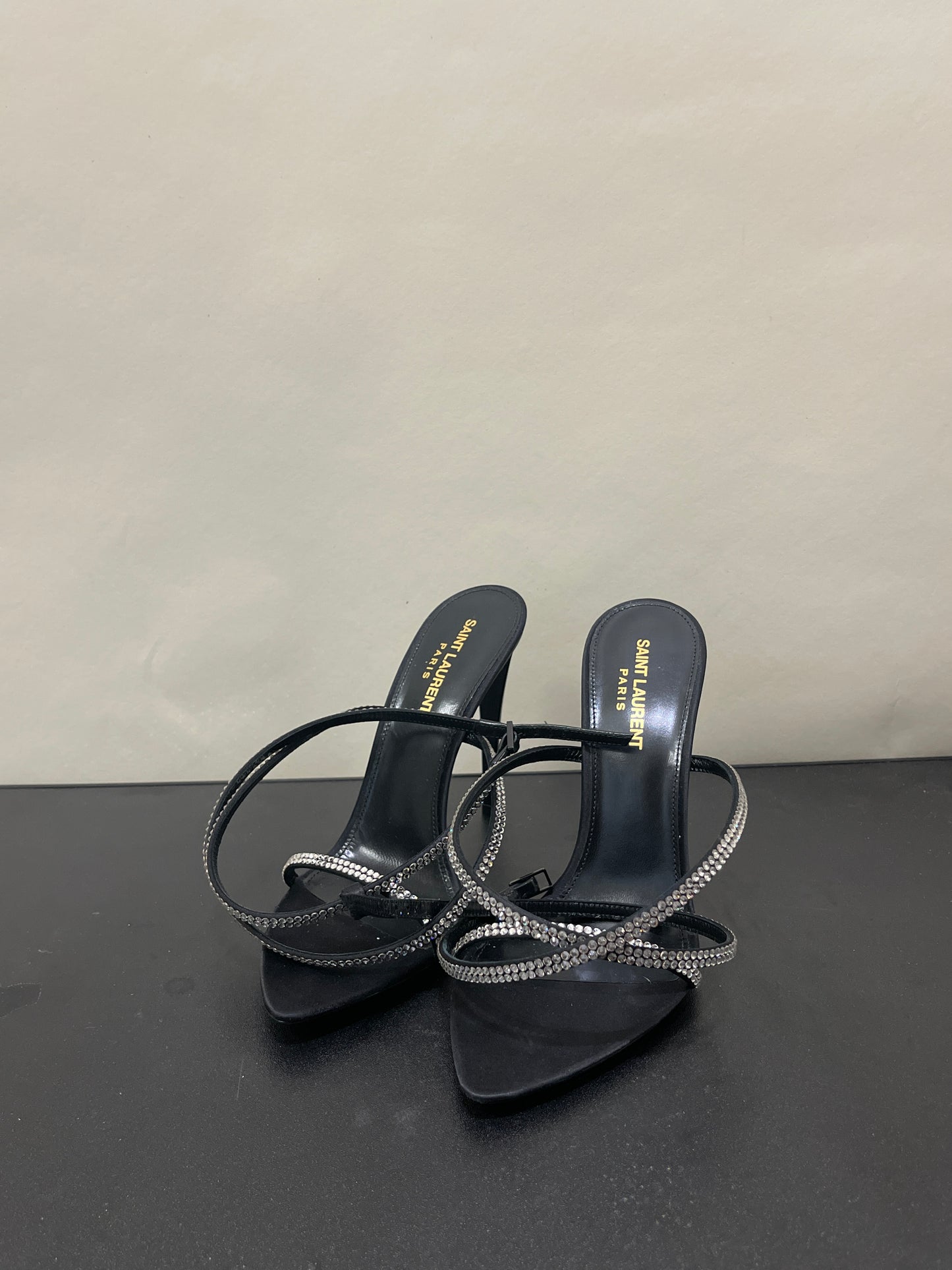 Saint Laurent Black Satin Ava 105mm Rhinestone Heeled Sandals 7 M / 8.5 W