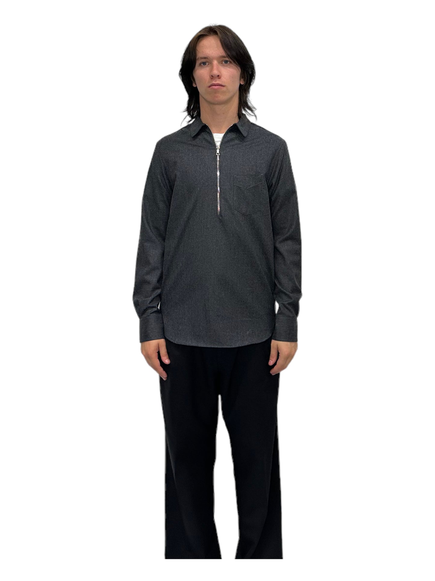 Officine Générale Dark Grey 1/2 Zip Long Sleeve Shirt - Genuine Design Luxury Consignment for Men. New & Pre-Owned Clothing, Shoes, & Accessories. Calgary, Canada