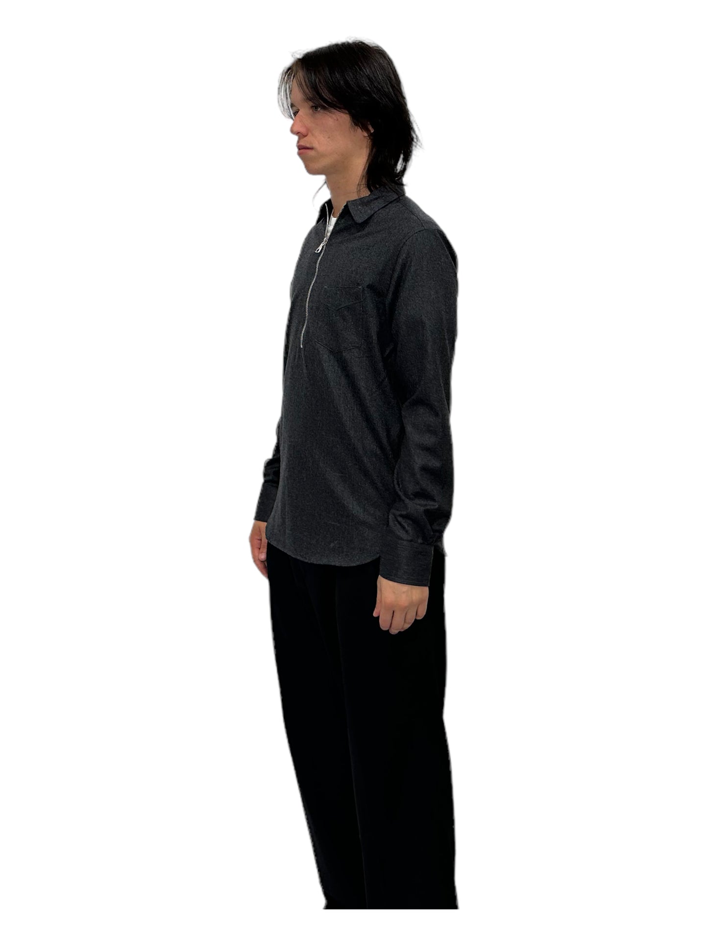 Officine Générale Dark Grey 1/2 Zip Long Sleeve Shirt - Genuine Design Luxury Consignment for Men. New & Pre-Owned Clothing, Shoes, & Accessories. Calgary, Canada