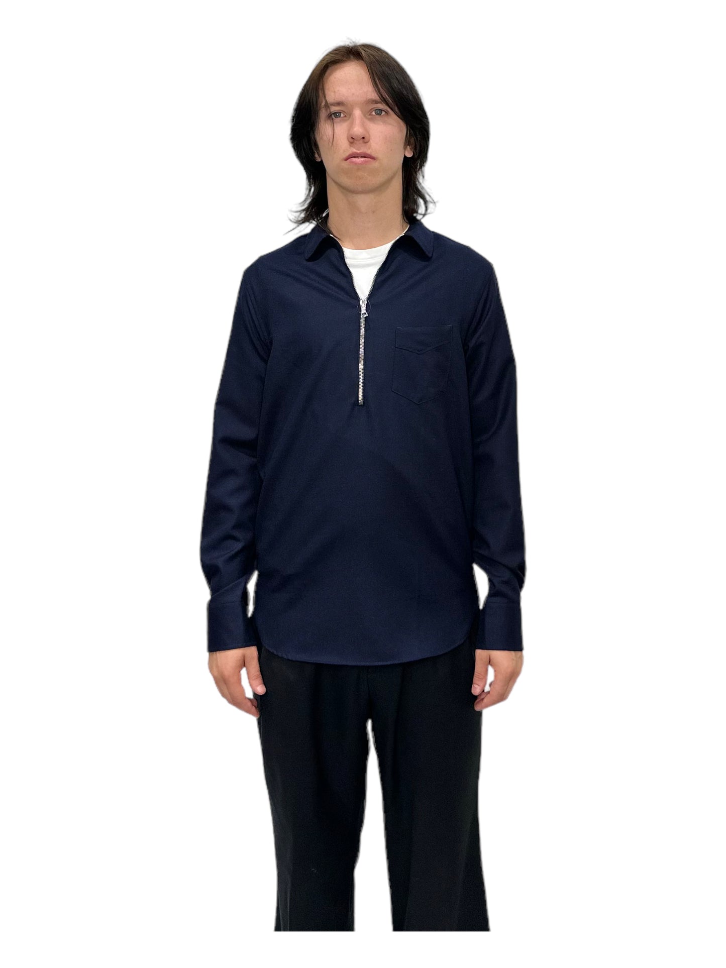Officine Générale Navy Blue 1/2 Zip Long Sleeve Shirt - Genuine Design Luxury Consignment for Men. New & Pre-Owned Clothing, Shoes, & Accessories. Calgary, Canada