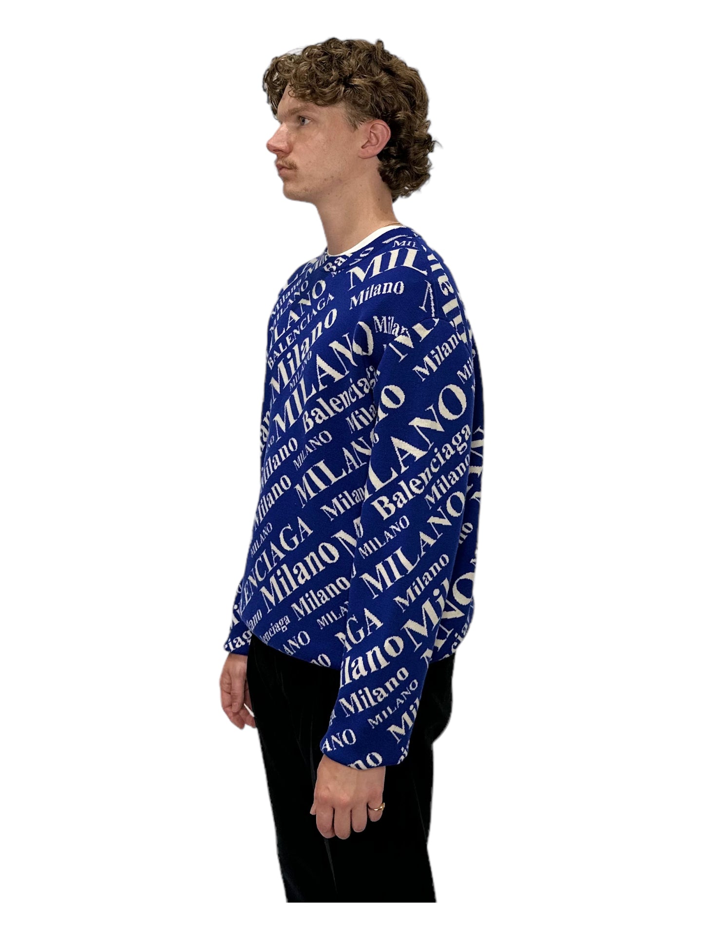 Balenciaga Blue Oversized Jacquard-Knit Virgin Wool-Blend Sweater - Genuine Design Luxury Consignment for Men. New & Pre-Owned Clothing, Shoes, & Accessories. Calgary, Canada