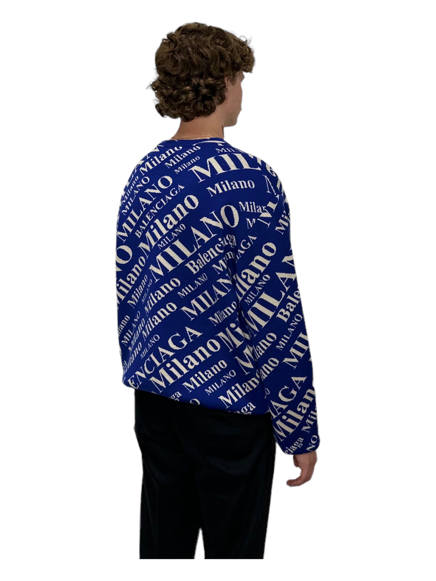 Balenciaga Blue Oversized Jacquard-Knit Virgin Wool-Blend Sweater - Genuine Design Luxury Consignment for Men. New & Pre-Owned Clothing, Shoes, & Accessories. Calgary, Canada