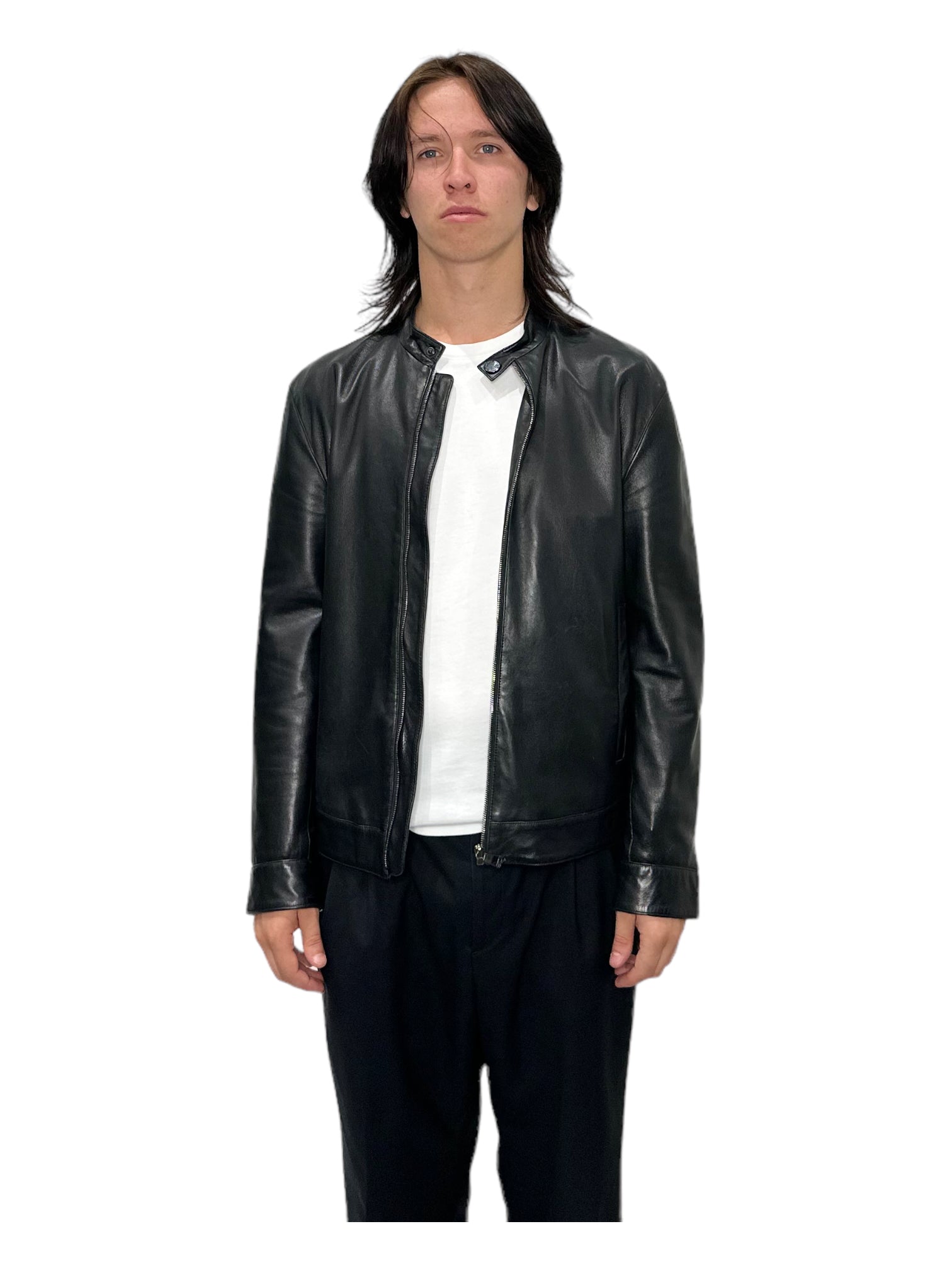 Versace Black Leather Biker Jacket - Genuine Design Luxury Consignment for Men. New & Pre-Owned Clothing, Shoes, & Accessories. Calgary, Canada