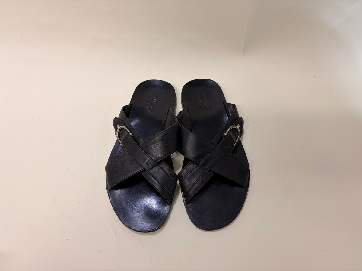 Gucci Black Leather Horsebit Motif Sandals 8 M / 9.5 W