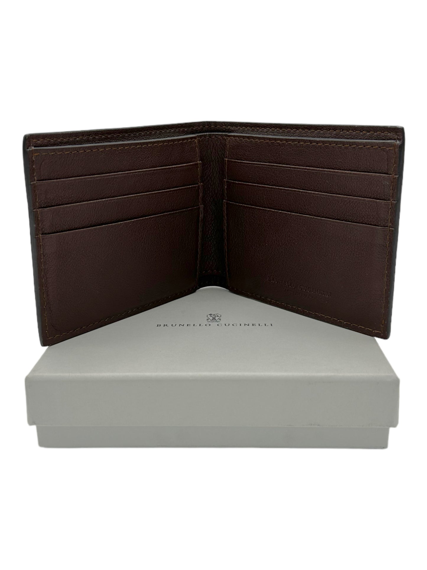 Brunello Cucinelli Brown Grained Calfskin Bifold Wallet - Genuine Design Luxury Consignment. New & Pre-Owned Clothing, Shoes, & Accessories. Calgary, Canada