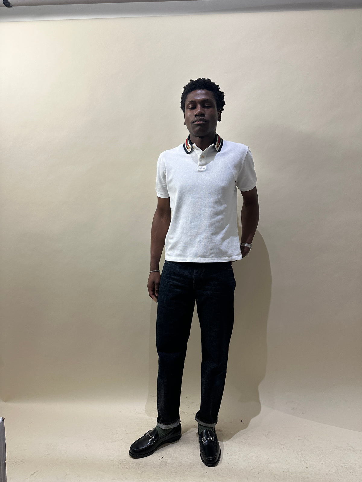 Gucci White Cotton Pique Web Collar SS Polo Shirt Large - L