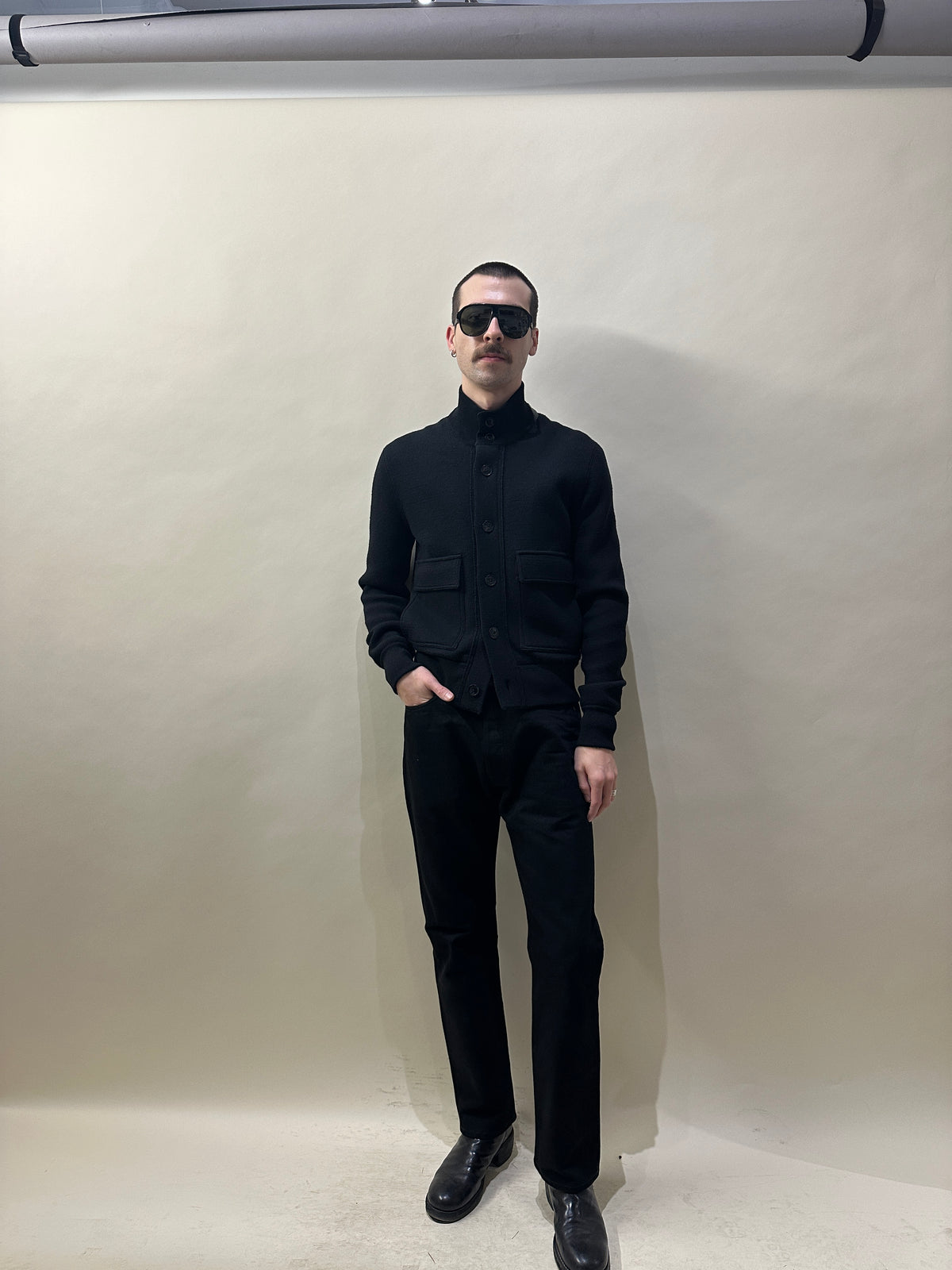 Tom Ford Black Wool Knit Leather Trim Bomber Jacket 38