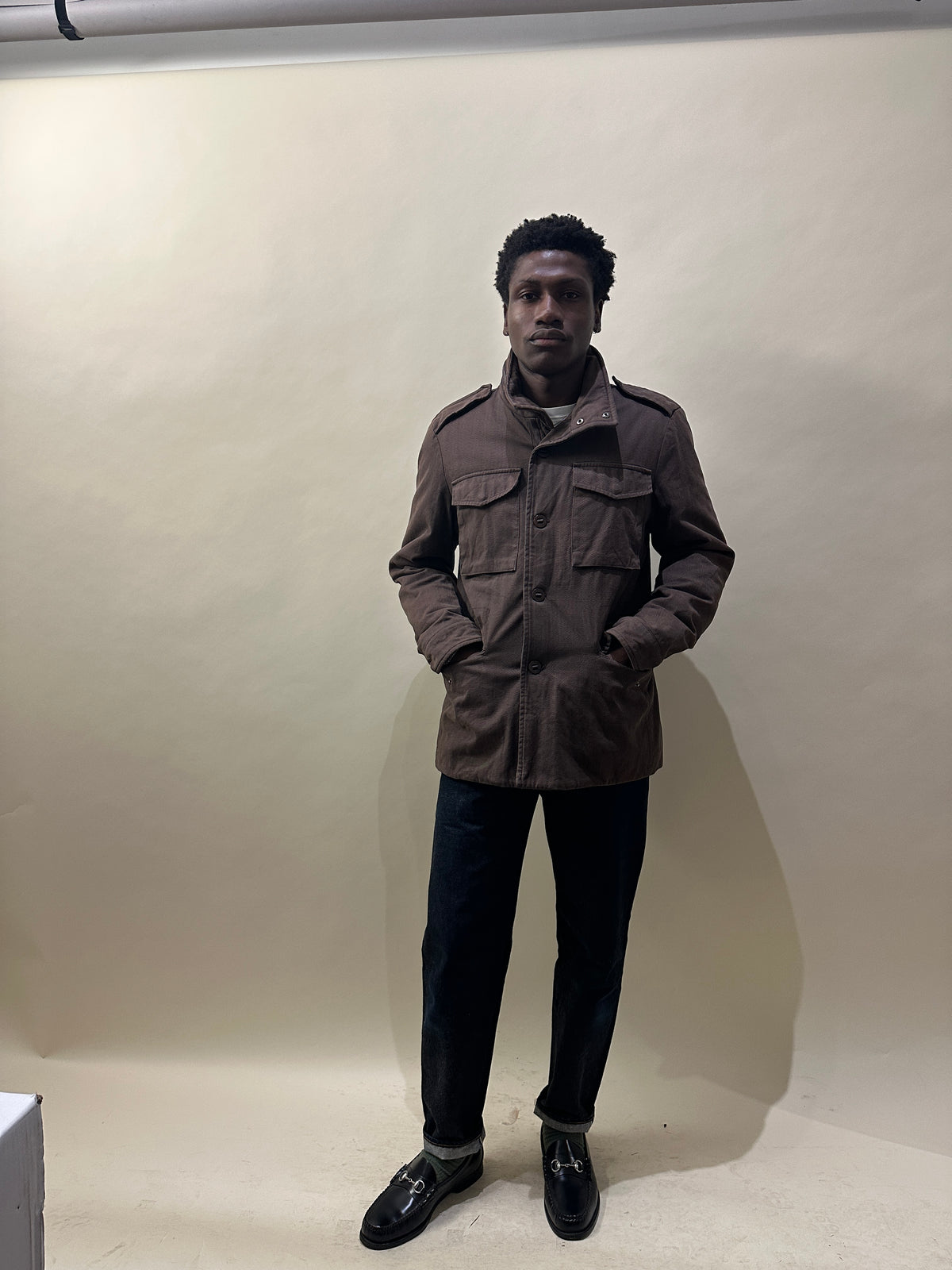 Moncler Brown Herringbone Cotton Wool Down Military Jacket Large - L