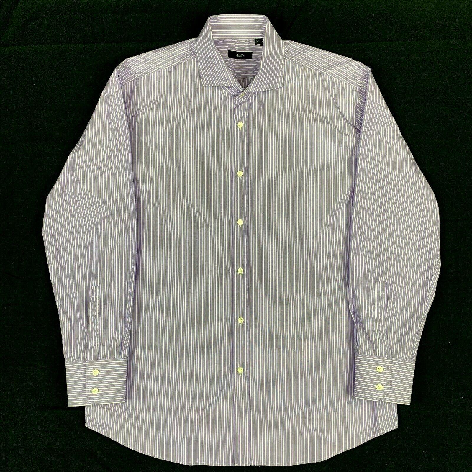 Hugo Boss Blue Striped Large 17 / 43 Regular Fit Dress Shirt - Genuine Design Luxury Consignment