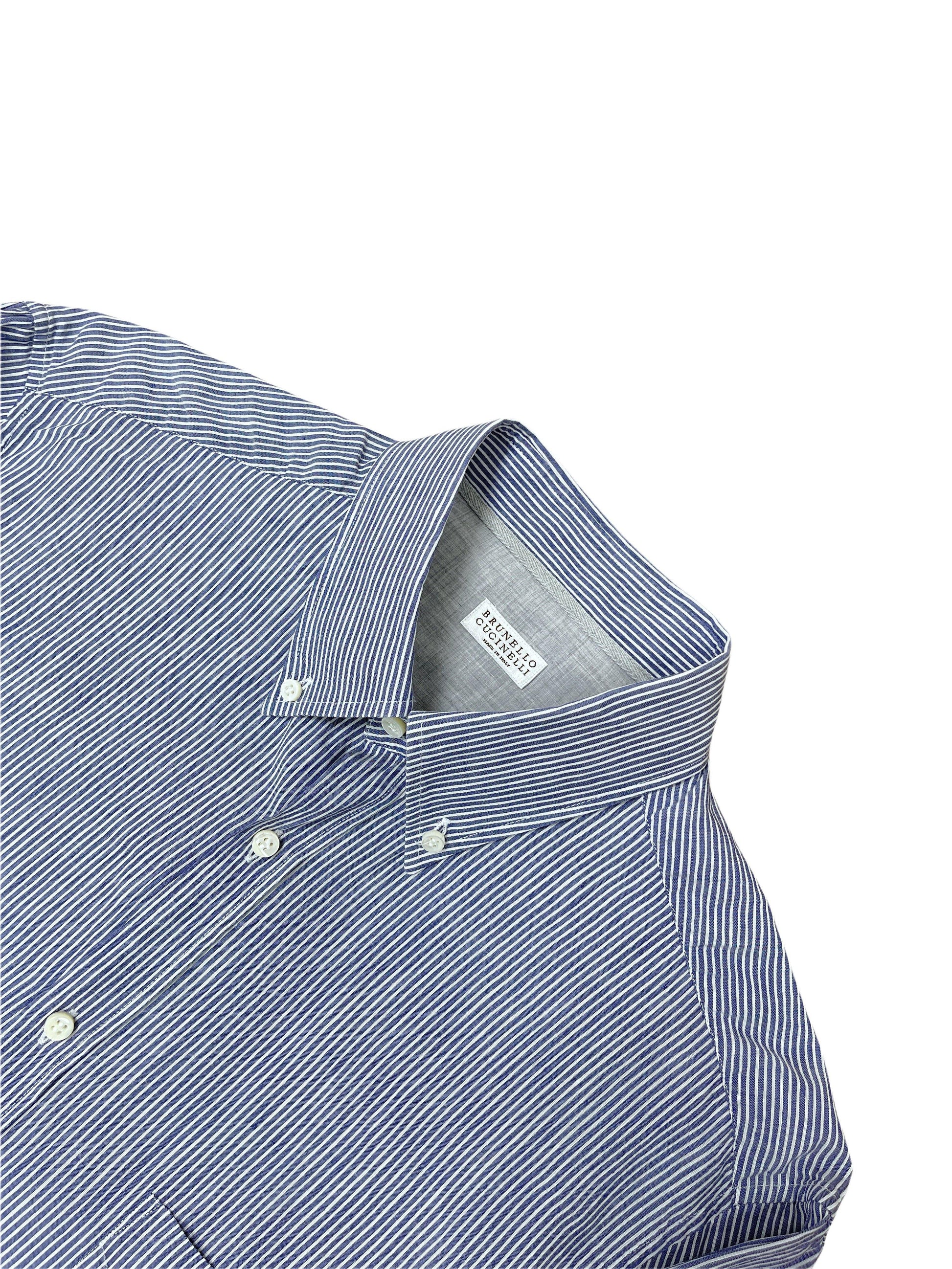 Brunello Cucinelli Blue Striped LInen Blend Shirt -Large Genuine Design luxury consignment Calgary