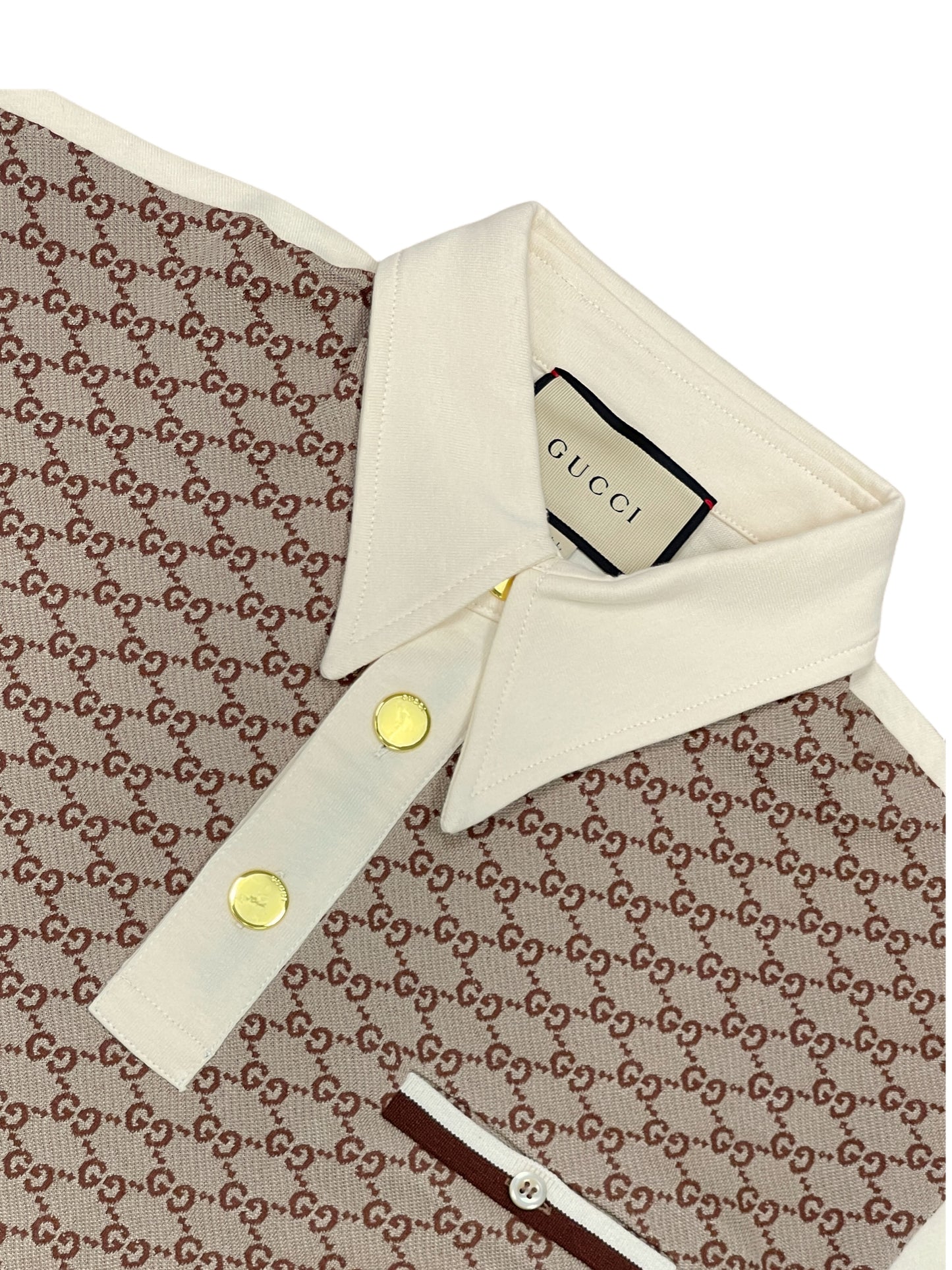 GUCCI Cream Brown Monogram Short Sleeve Polo Shirt