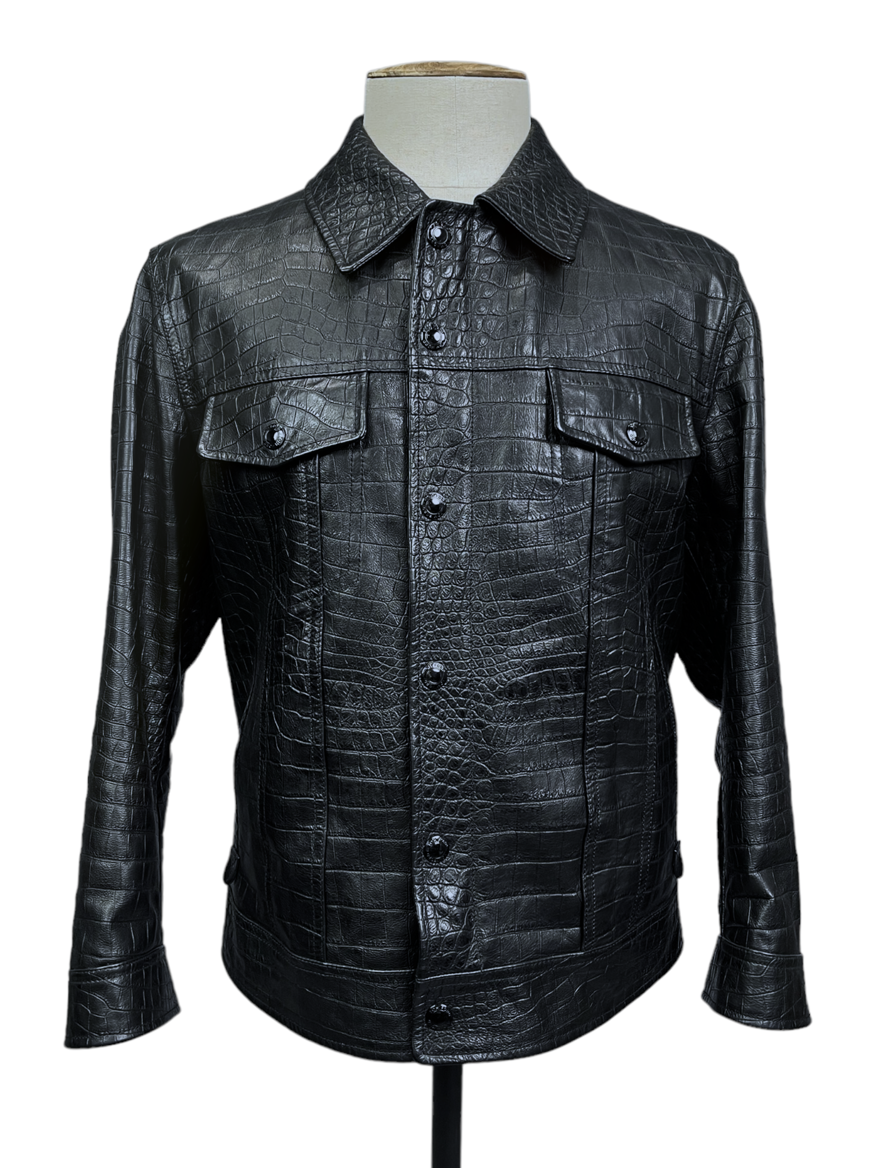Tom Ford Black Calfskin Leather Trucker Jacket 40R — Genuine Design Luxury Consignment Calgary, Alberta, Canada New and Pre-Owned Clothing, Shoes, Accessories.