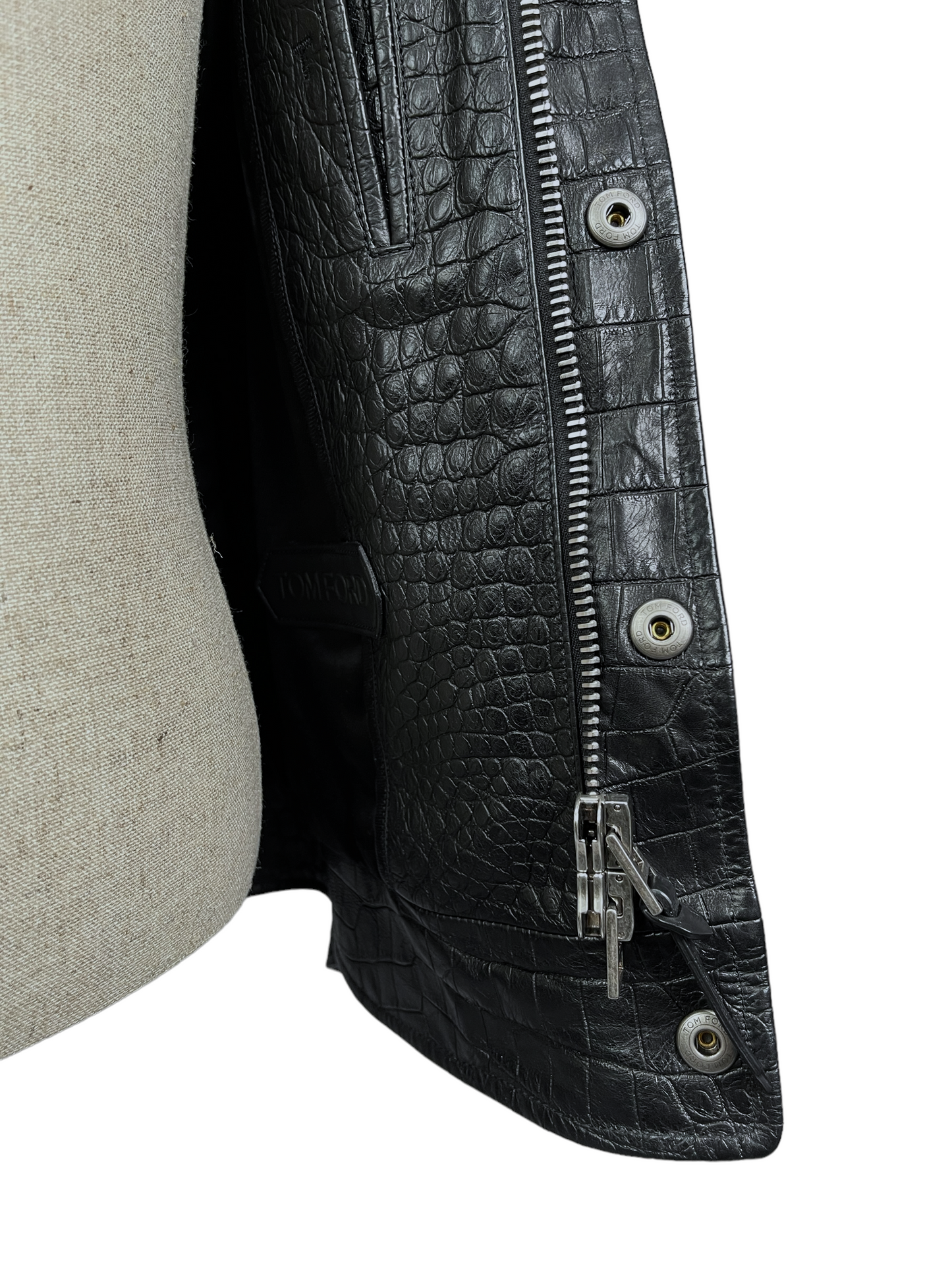 Tom Ford Black Calfskin Leather Trucker Jacket 40R — Genuine Design Luxury Consignment Calgary, Alberta, Canada New and Pre-Owned Clothing, Shoes, Accessories.