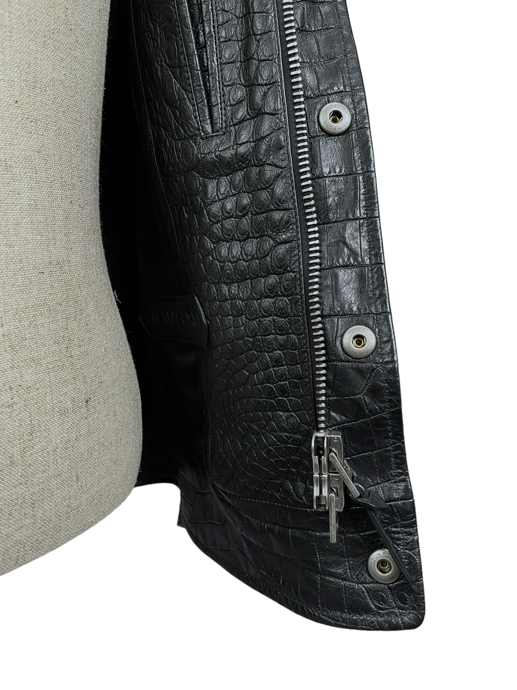 Tom Ford Black Calfskin Leather Trucker Jacket 40R — Genuine Design Luxury Consignment Calgary, Alberta, Canada New and Pre-Owned Clothing, Shoes, Accessories.