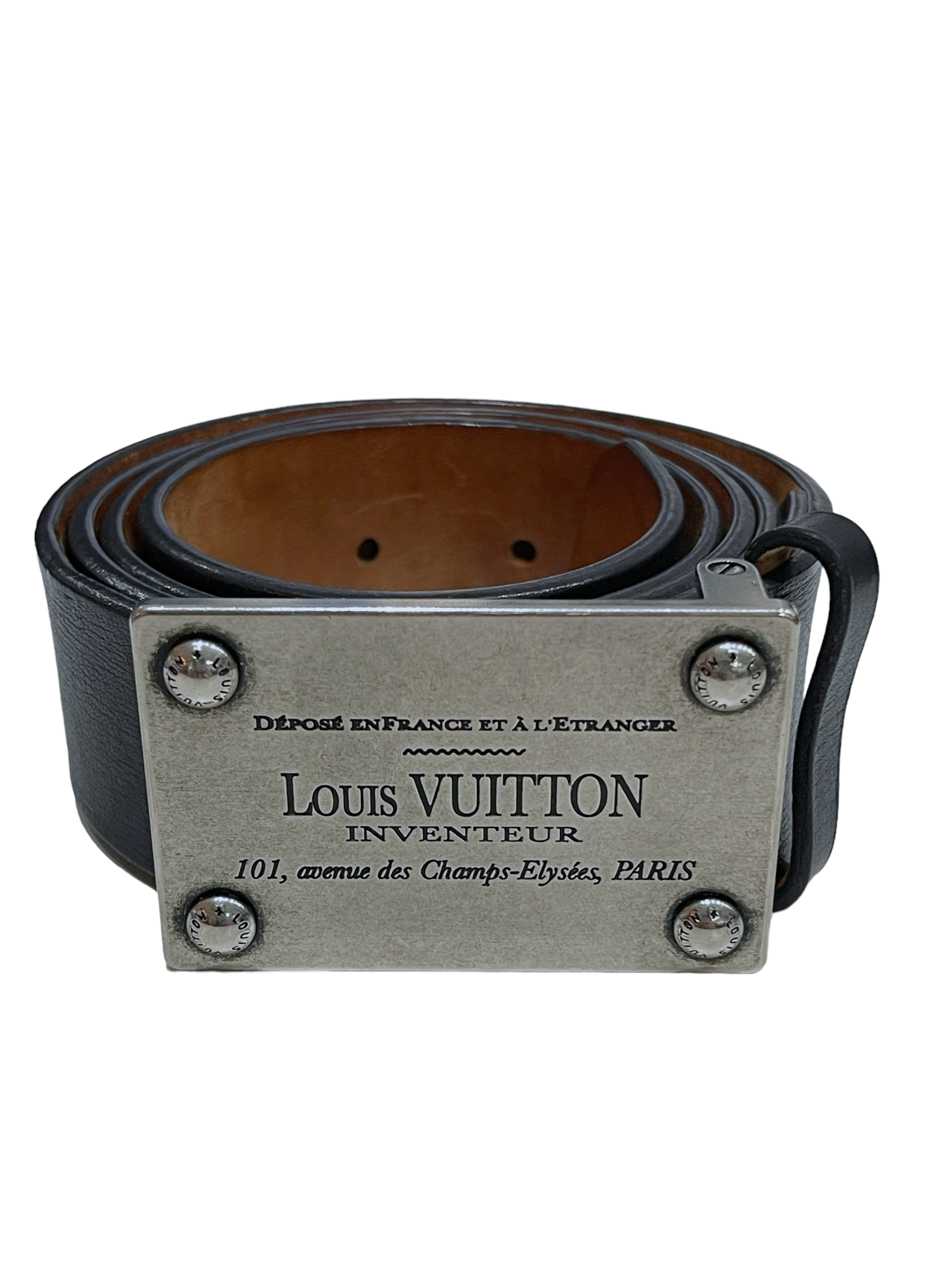 LOUIS VUITTON Size 34 Black Leather Silver Travelling Requisites Buckle Belt