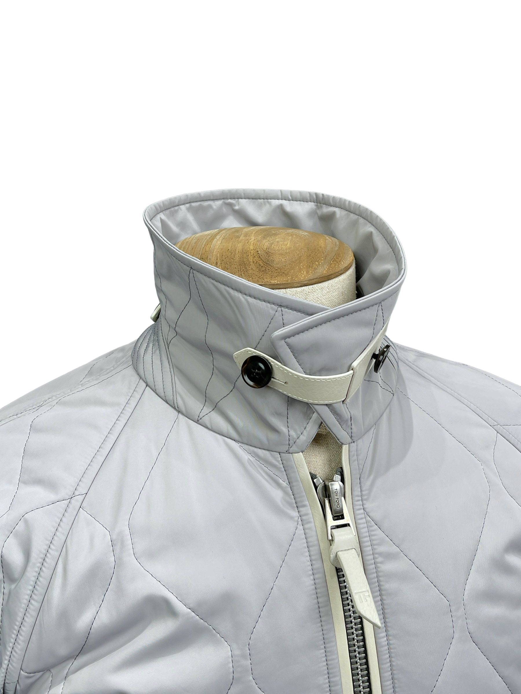 Tom Ford Light Grey Quilted Bomber Jacket 36— Genuine Design Luxury Consignment Calgary, Alberta, Canada New and Pre-Owned Clothing, Shoes, Accessories.