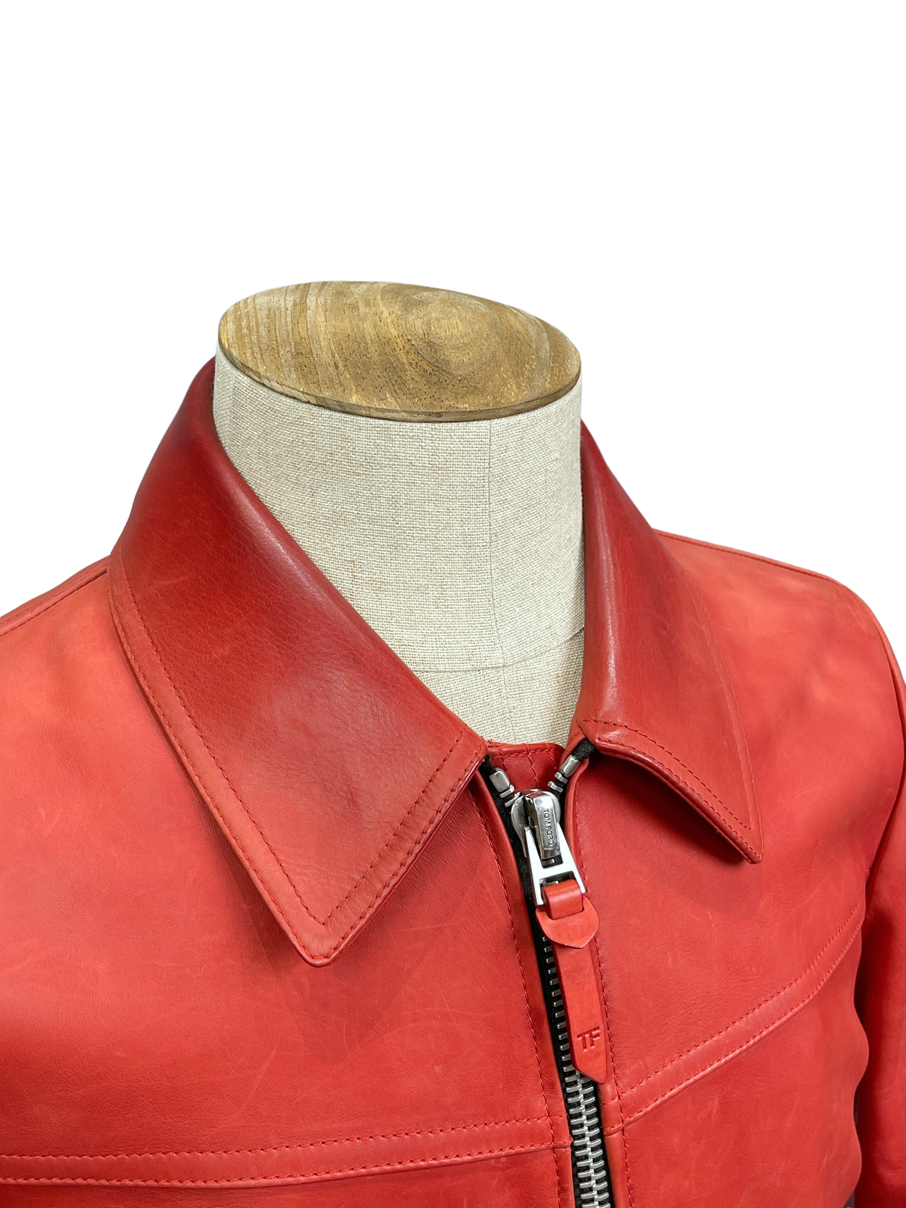 Tom Ford Red Embossed Calfskin Leather Trucker Jacket 40R / 50R — Genuine Design Luxury Consignment Calgary, Alberta, Canada New and Pre-Owned Clothing, Shoes, Accessories.