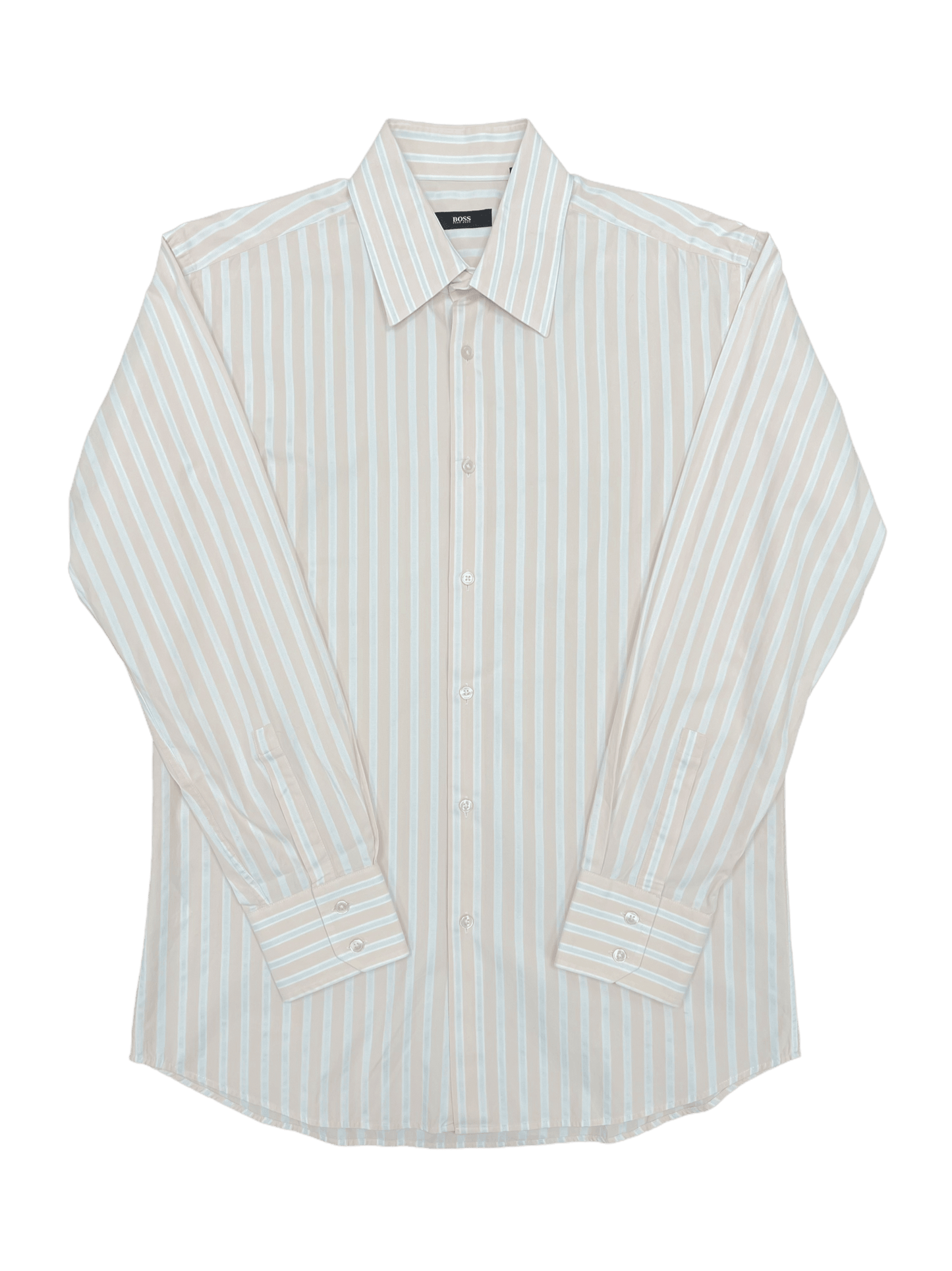 Hugo Boss Stripe Dress Shirt Tan, Light Blue, White—Genuine Design luxury consignment