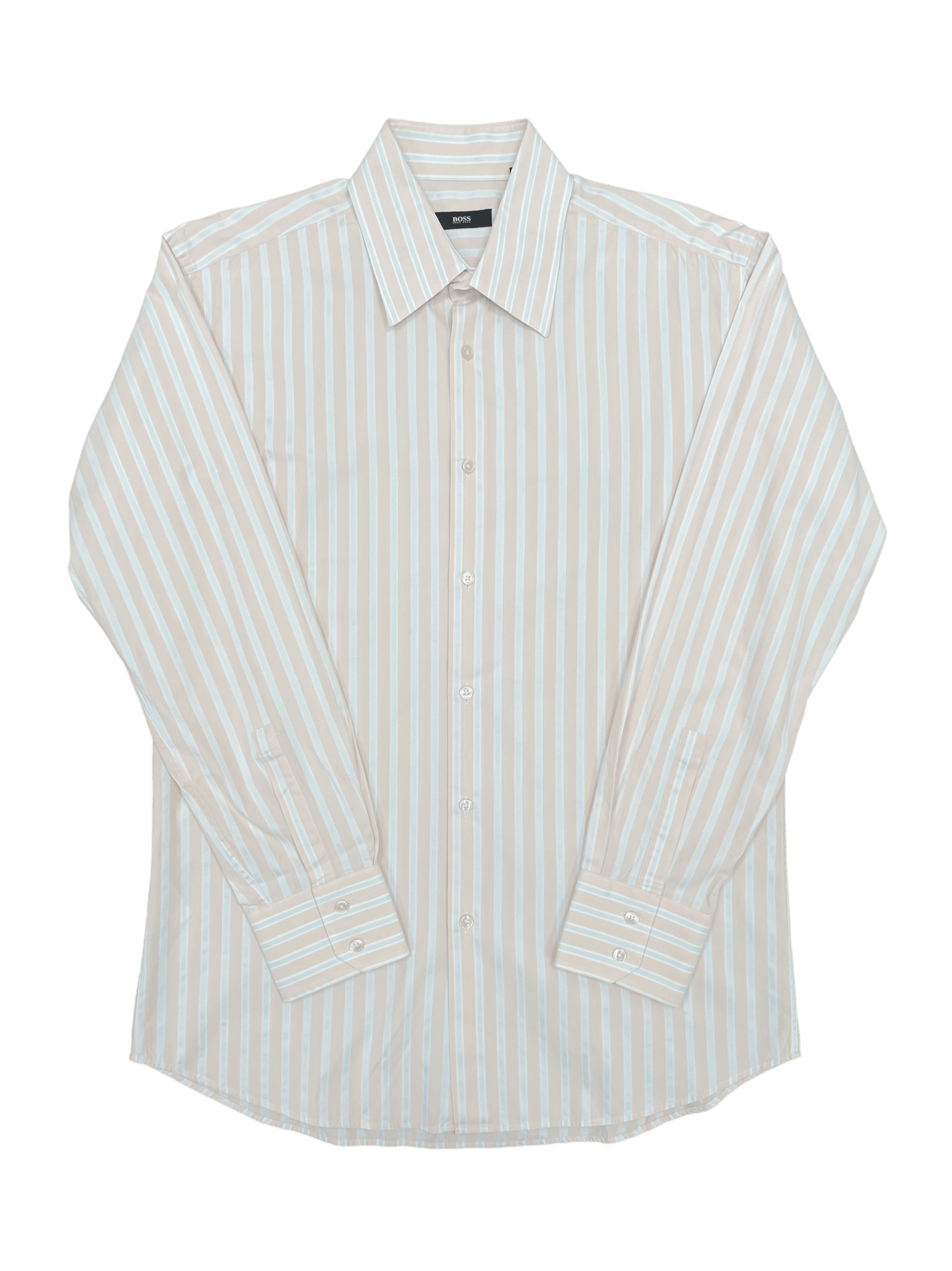 Hugo Boss Stripe Dress Shirt Tan, Light Blue, White—Genuine Design luxury consignment