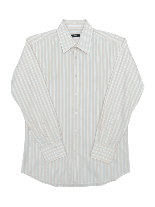 Hugo Boss Stripe Dress Shirt Tan, Light Blue, White—Genuine Design luxury consignment
