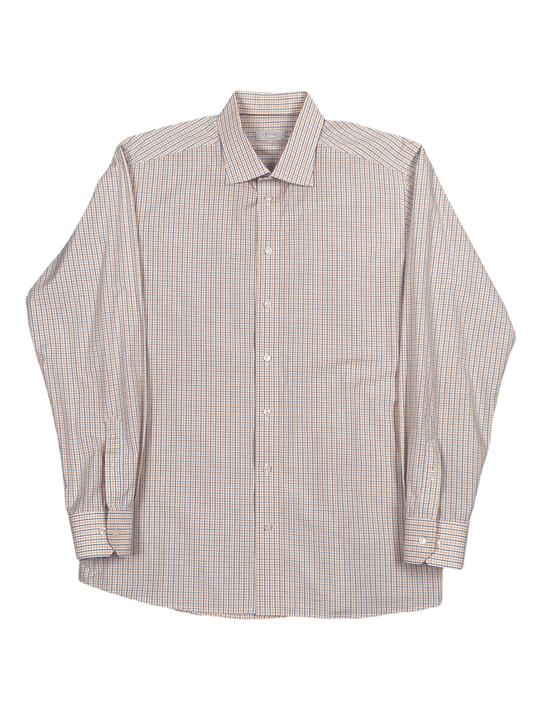 Eton Orange and Blue Micro Check Dress Shirt  18 / 46 - Genuine Design Luxury Consignment for Men. New & Pre-Owned Clothing, Shoes, & Accessories. Calgary, Canada