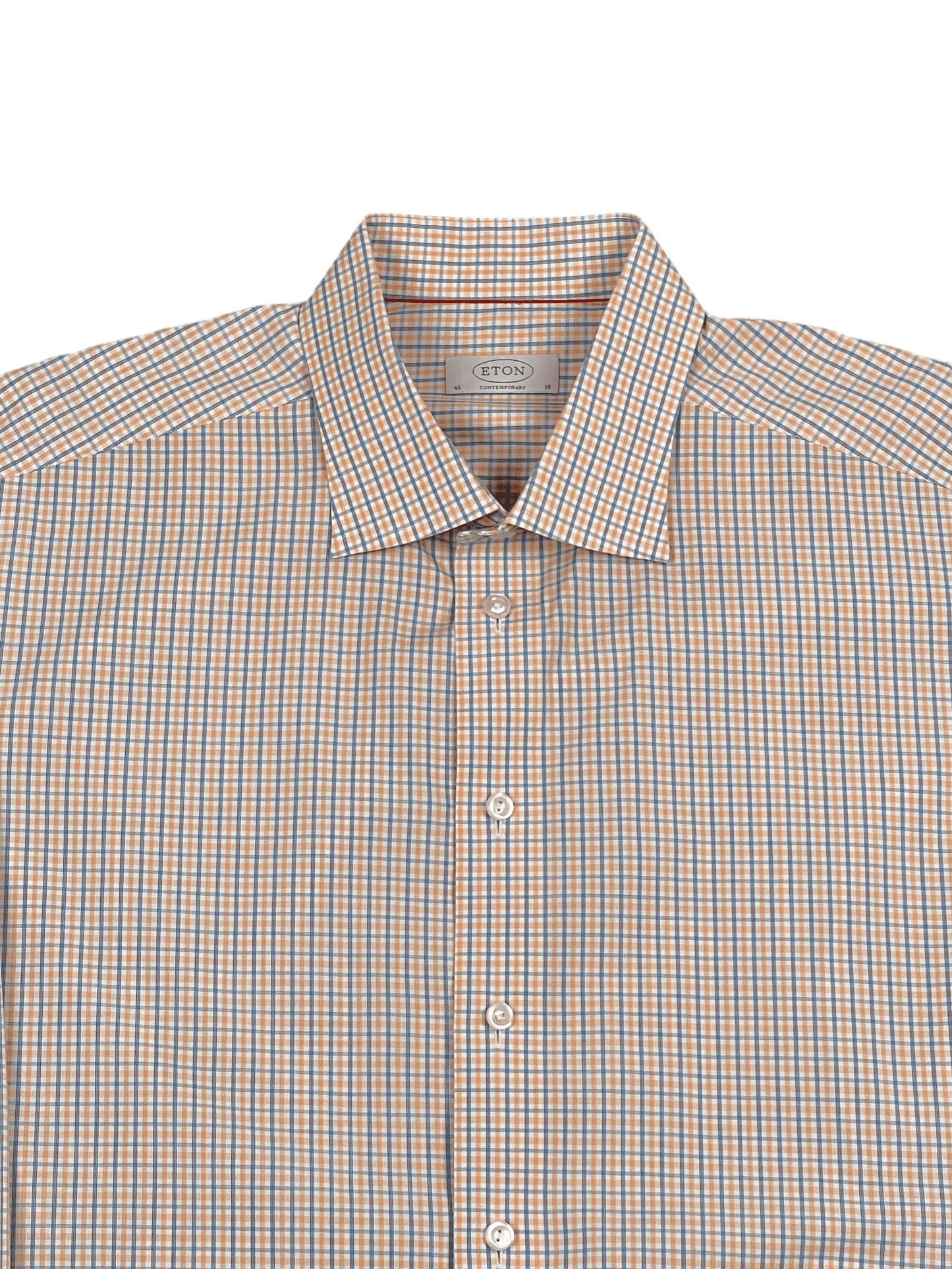 Eton Orange and Blue Micro Check Dress Shirt 18 / 46 - Genuine Design Luxury Consignment for Men. New & Pre-Owned Clothing, Shoes, & Accessories. Calgary, Canada