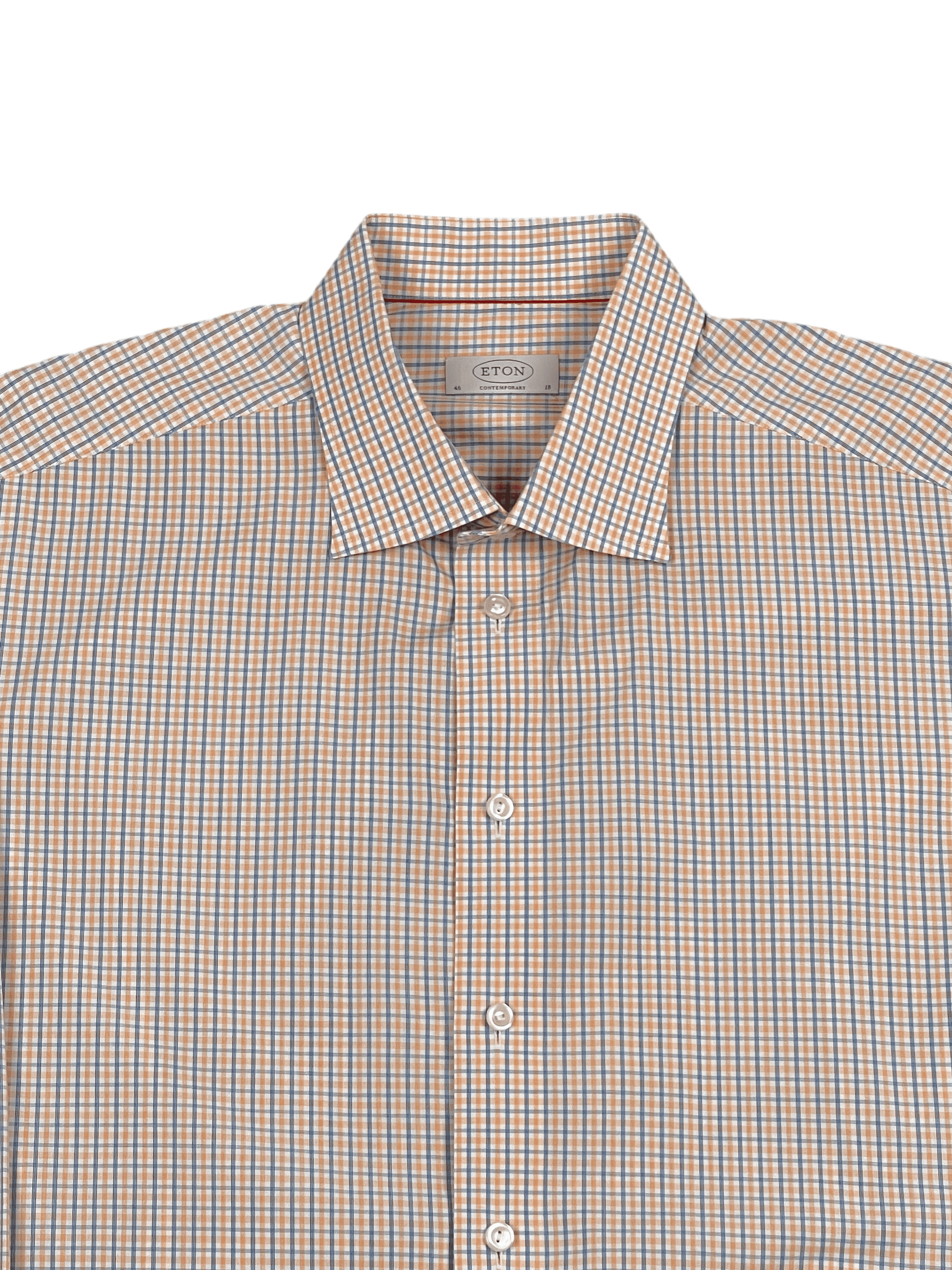 Eton Orange and Blue Micro Check Dress Shirt  18 / 46 - Genuine Design Luxury Consignment for Men. New & Pre-Owned Clothing, Shoes, & Accessories. Calgary, Canada
