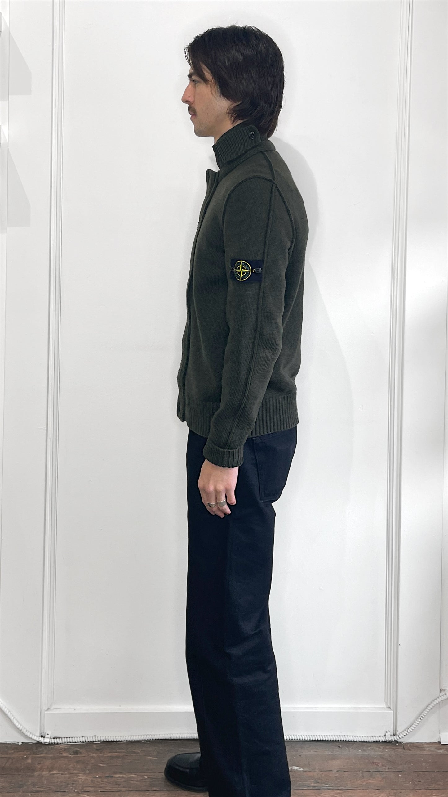 Stone Island Olive Green Wool Blend Zip Cardigan Medium - M