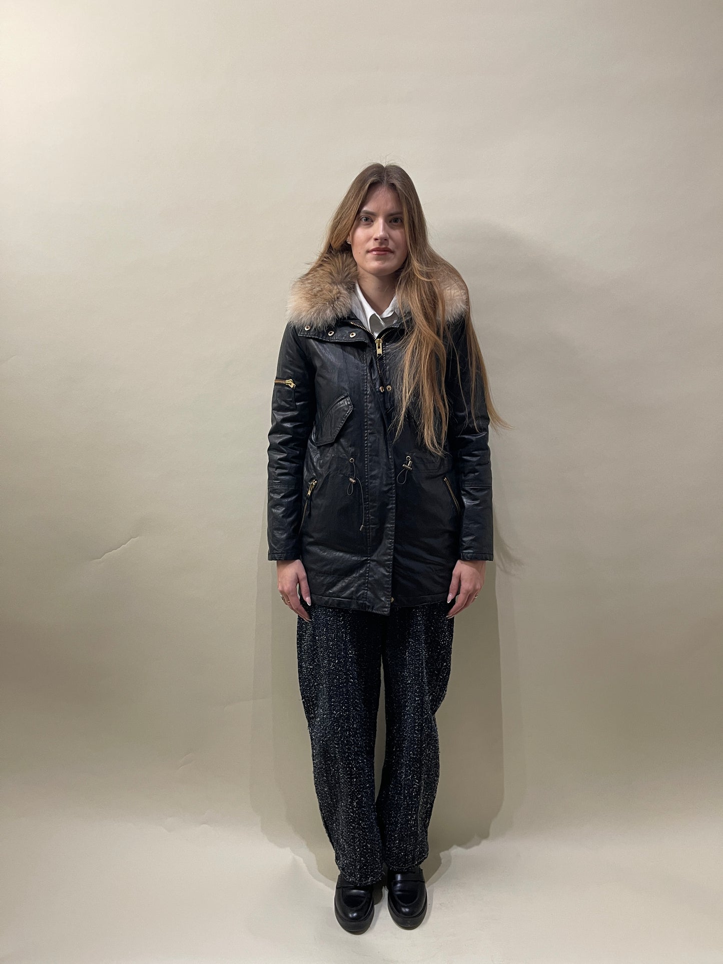 SAM. Black Cotton Blend Coyote Fur Hooded Jacket Extra Small - XS