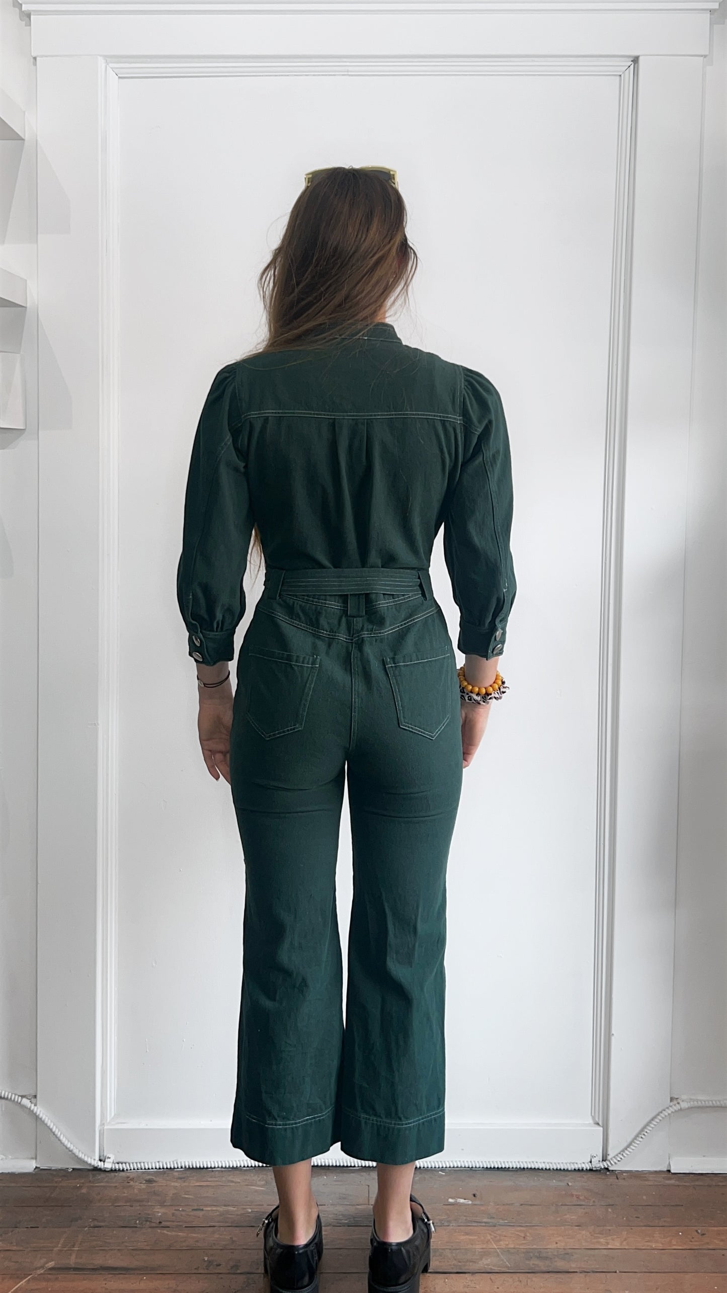 Suncoo Forest Green Denim Belted Jumpsuit Small