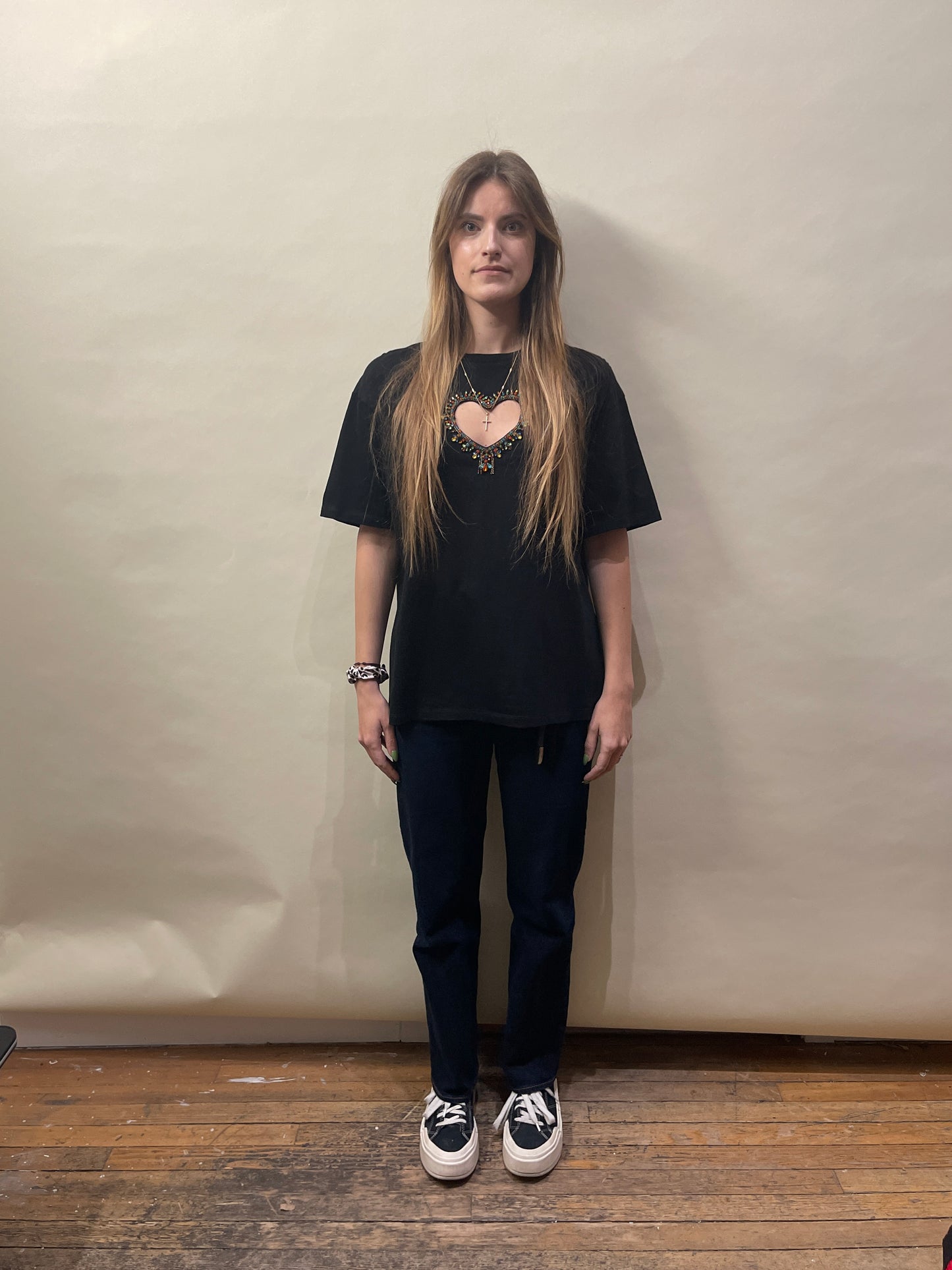 Sandro Black & Multicolour Rhinestone Heart T-Shirt Large - L