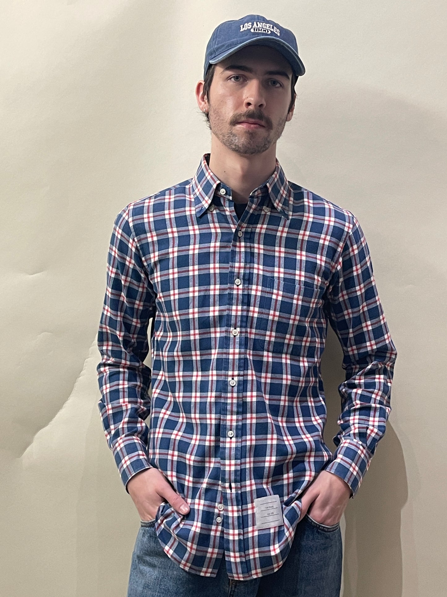 Thom Browne Blue & Red Plaid Cotton Flannel Button Up Small - S