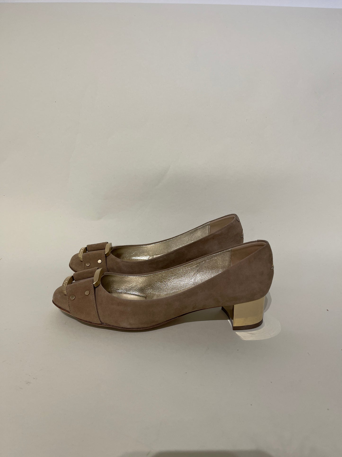 Jimmy Choo Beige Suede Buckle Front Block Heel Pumps 5 M / 6.5 W