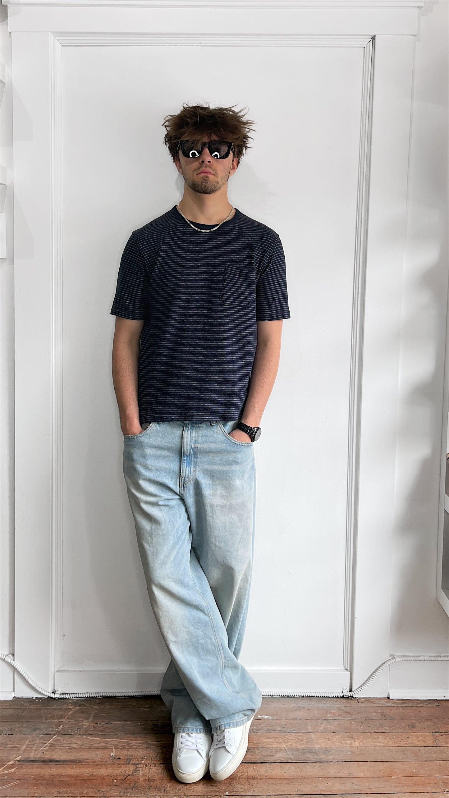 Nanamica Navy Blue & White Birdseye Stripe T-Shirt Medium