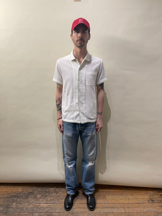 You Must Create Off White Textured Cotton Piped Camp Shirt Small - S